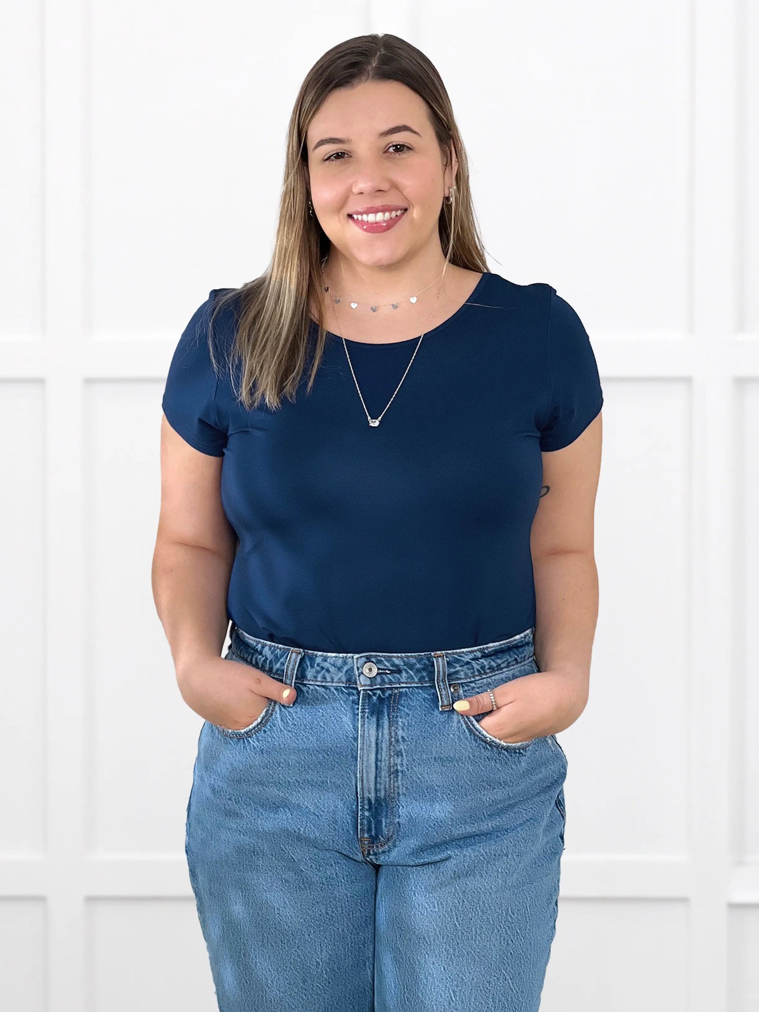 Marianna reversible neckline classic tee for women in Navy on model Christal, size L @Christal-L 