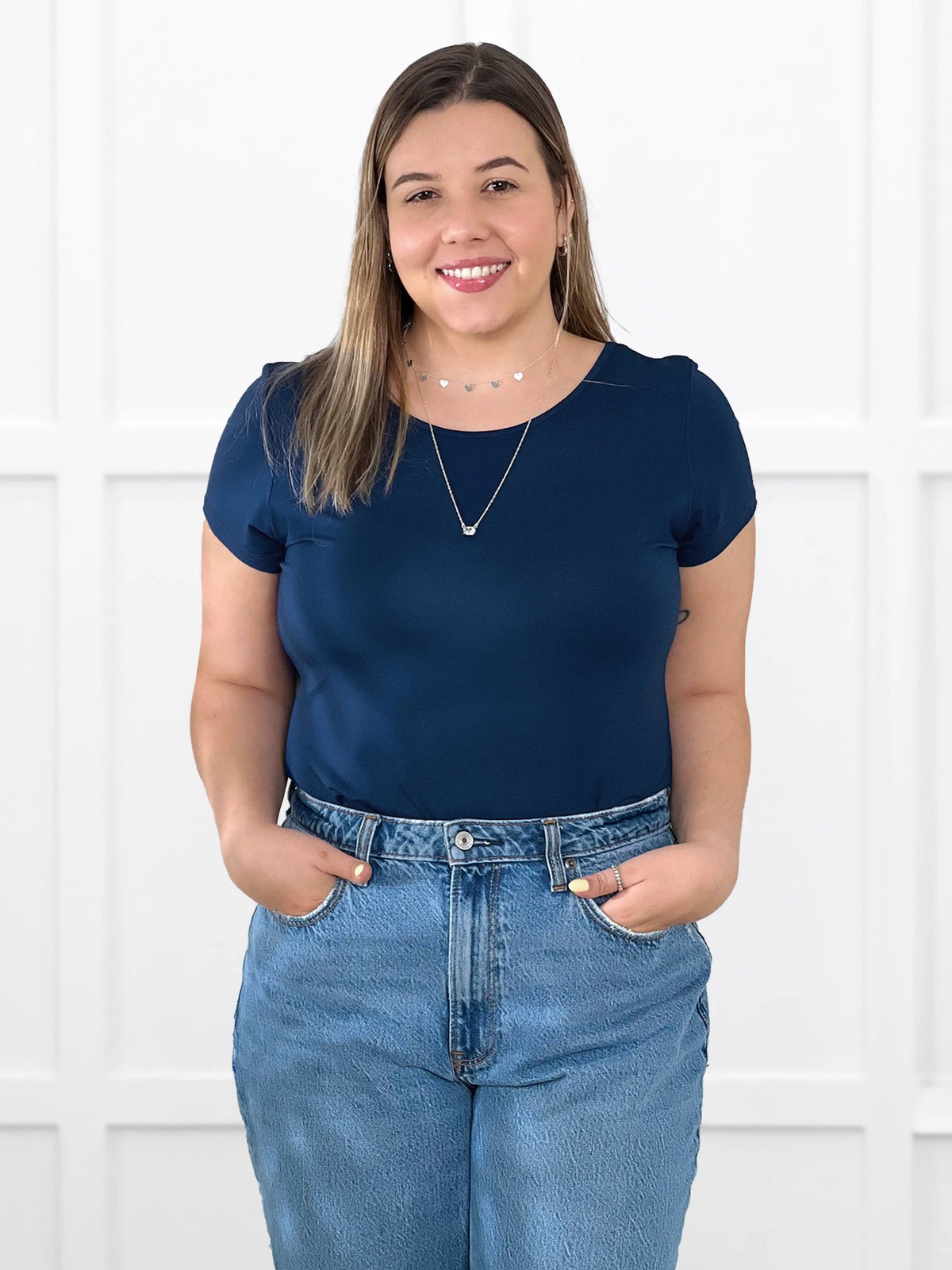 Marianna reversible neckline classic tee for women in Navy on model Christal, size L @Christal-L 