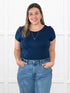 Marianna reversible neckline classic tee for women in Navy on model Christal, size L @Christal-L 