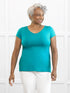 Marianna reversible neckline classic tee for women in Sea glass on model Keethai, size M @Keethai-M 