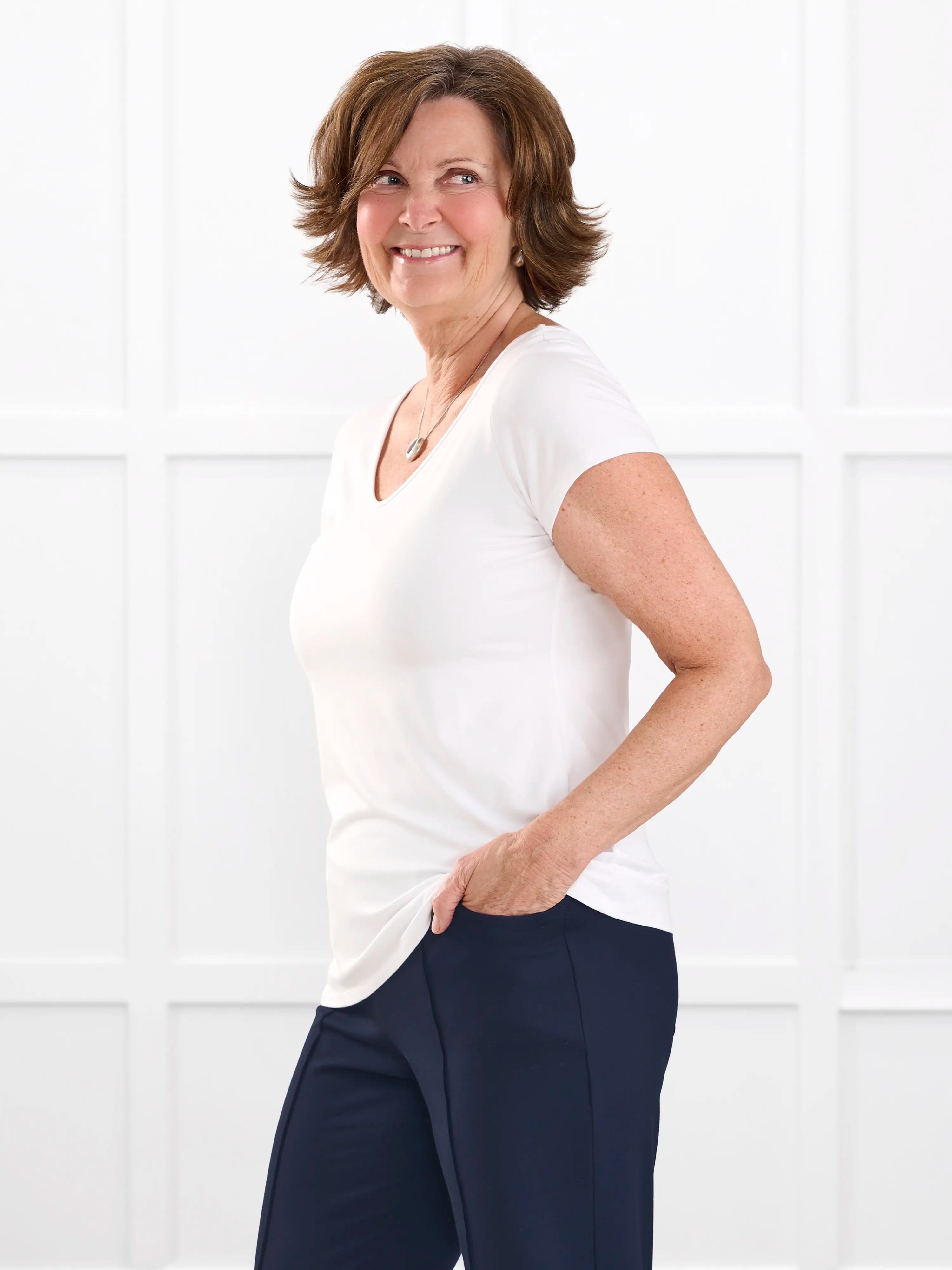 Marianna reversible neckline classic tee for women in White on model Donna, size S @Donna-S 