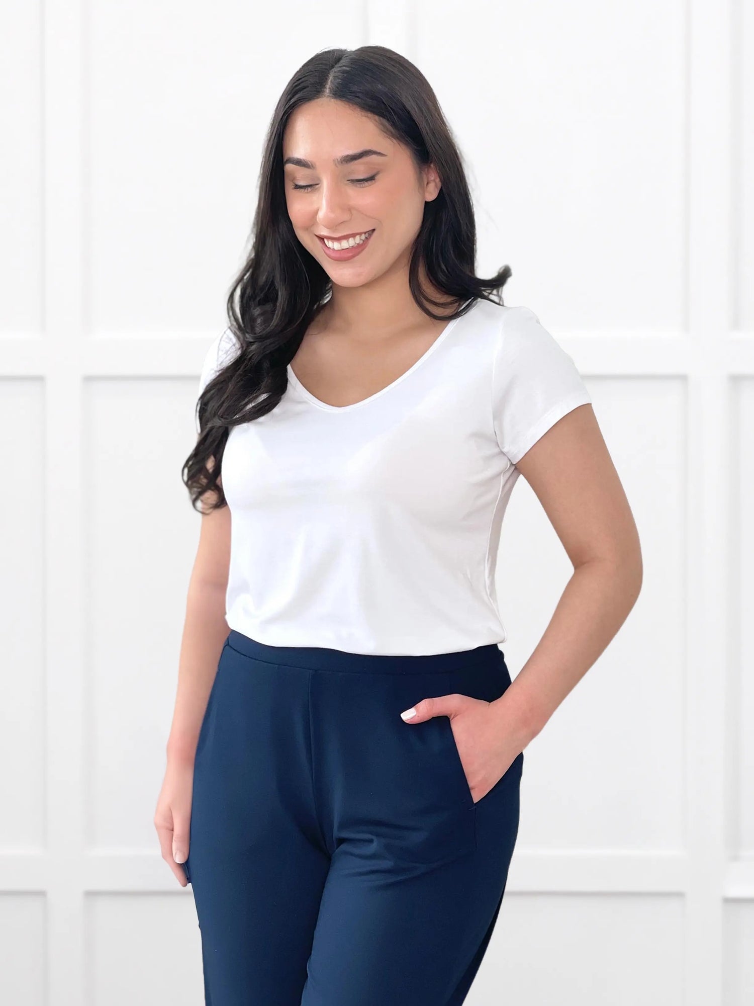 Marianna reversible neckline classic tee for women in White on model Yasmine, size XS @Yasmine-XS 