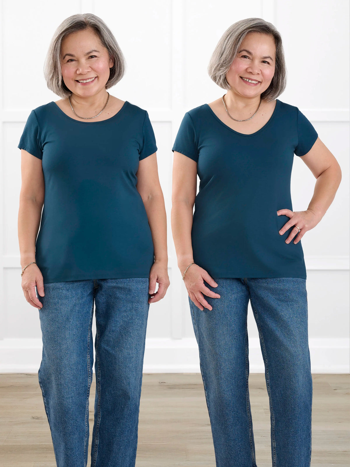 Marianna reversible neckline classic tee for women in Atlantic on model Terry, size S @Terry-S 
