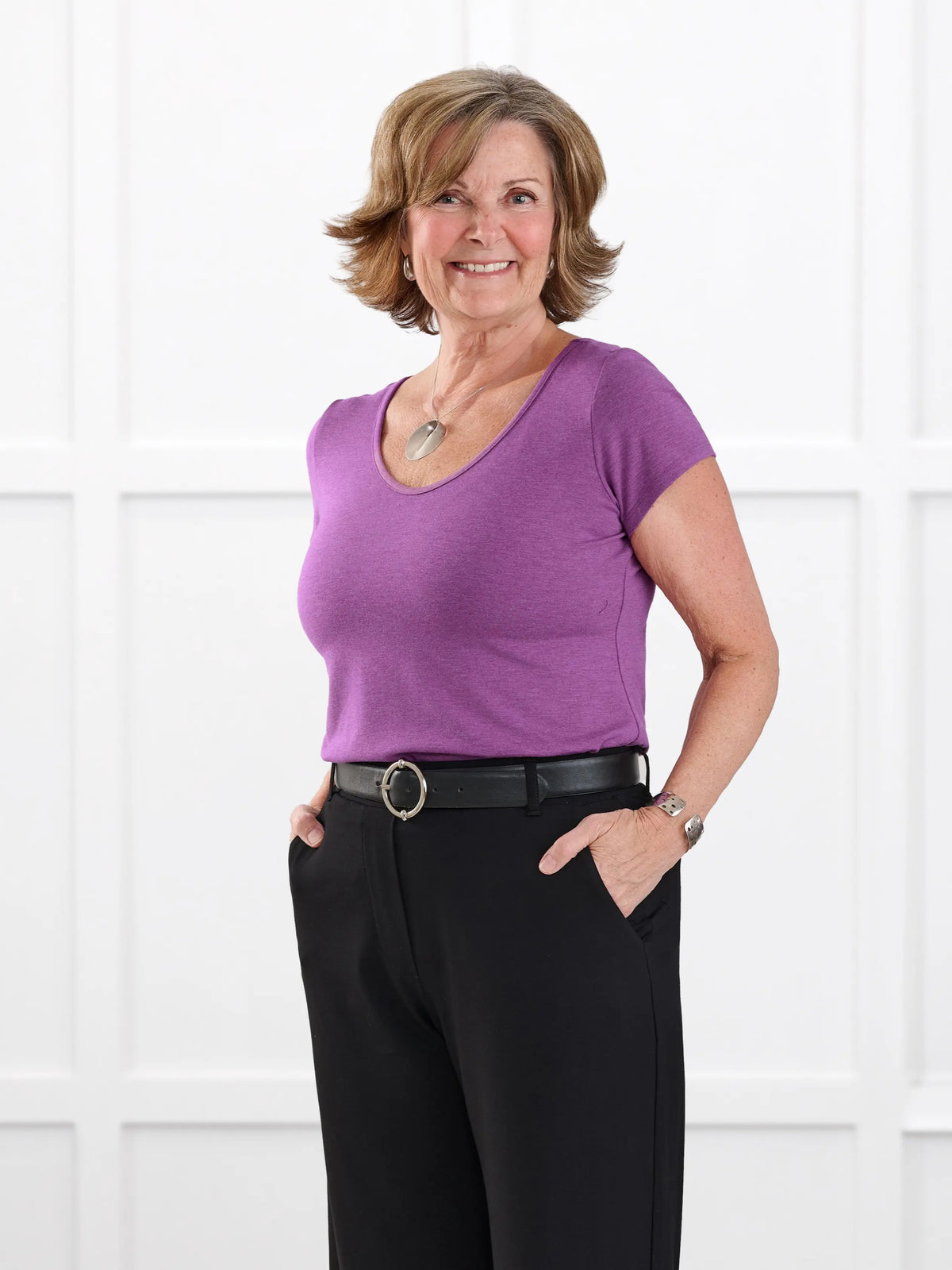 Marianna reversible neckline classic tee for women in Lupin melange on model Donna, size S @Donna-S 
