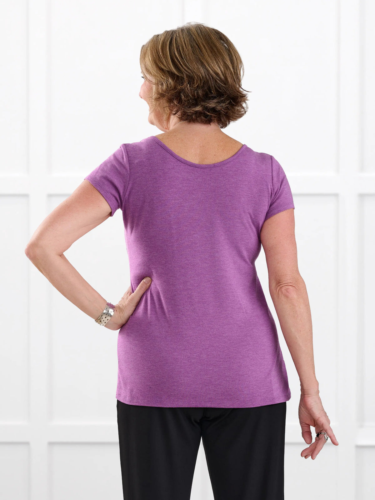 Marianna reversible neckline classic tee for women in Lupin melange on model Donna, size S @Donna-S 
