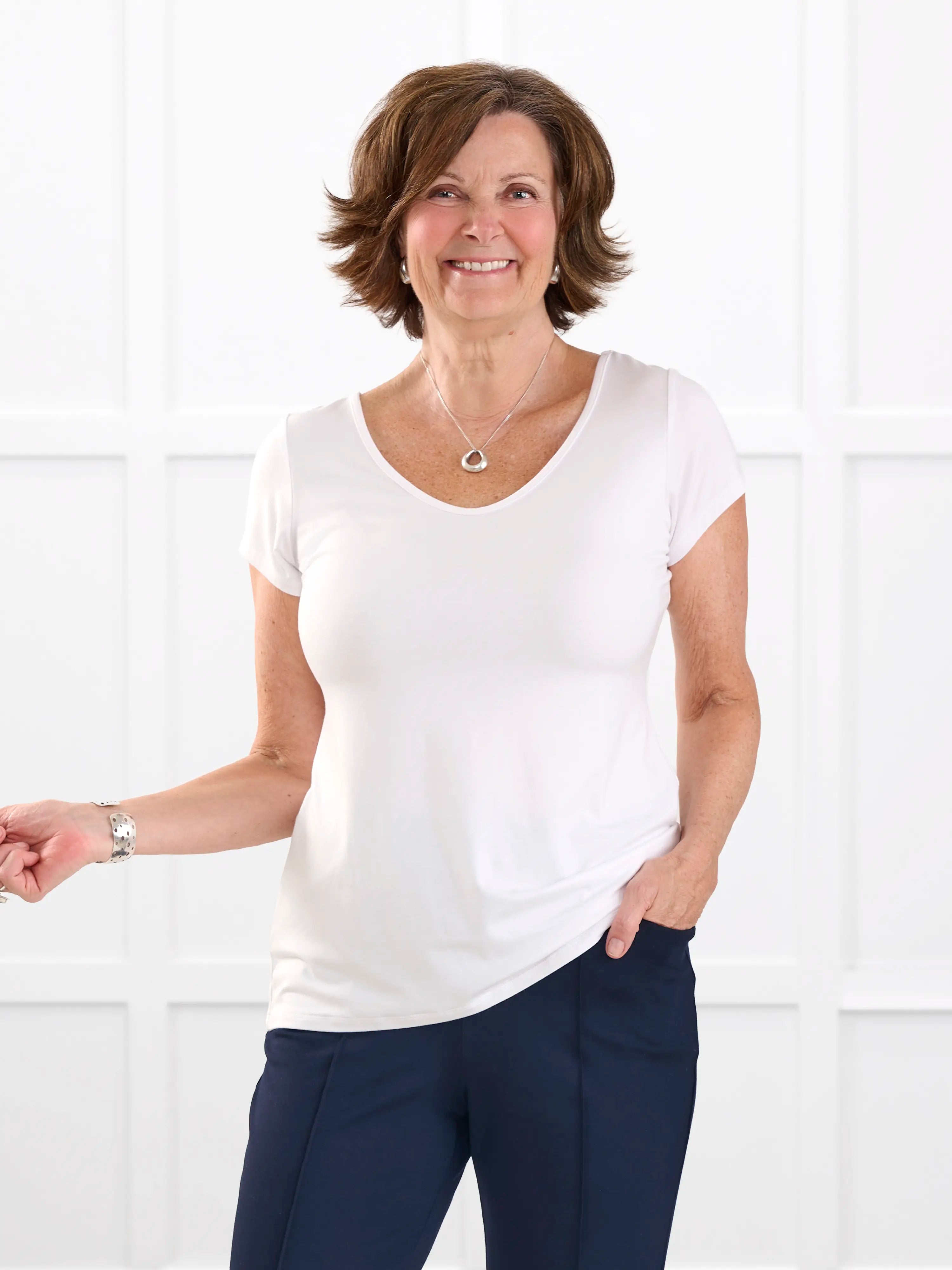 Marianna reversible neckline classic tee for women in White on model Donna, size S @Donna-S 