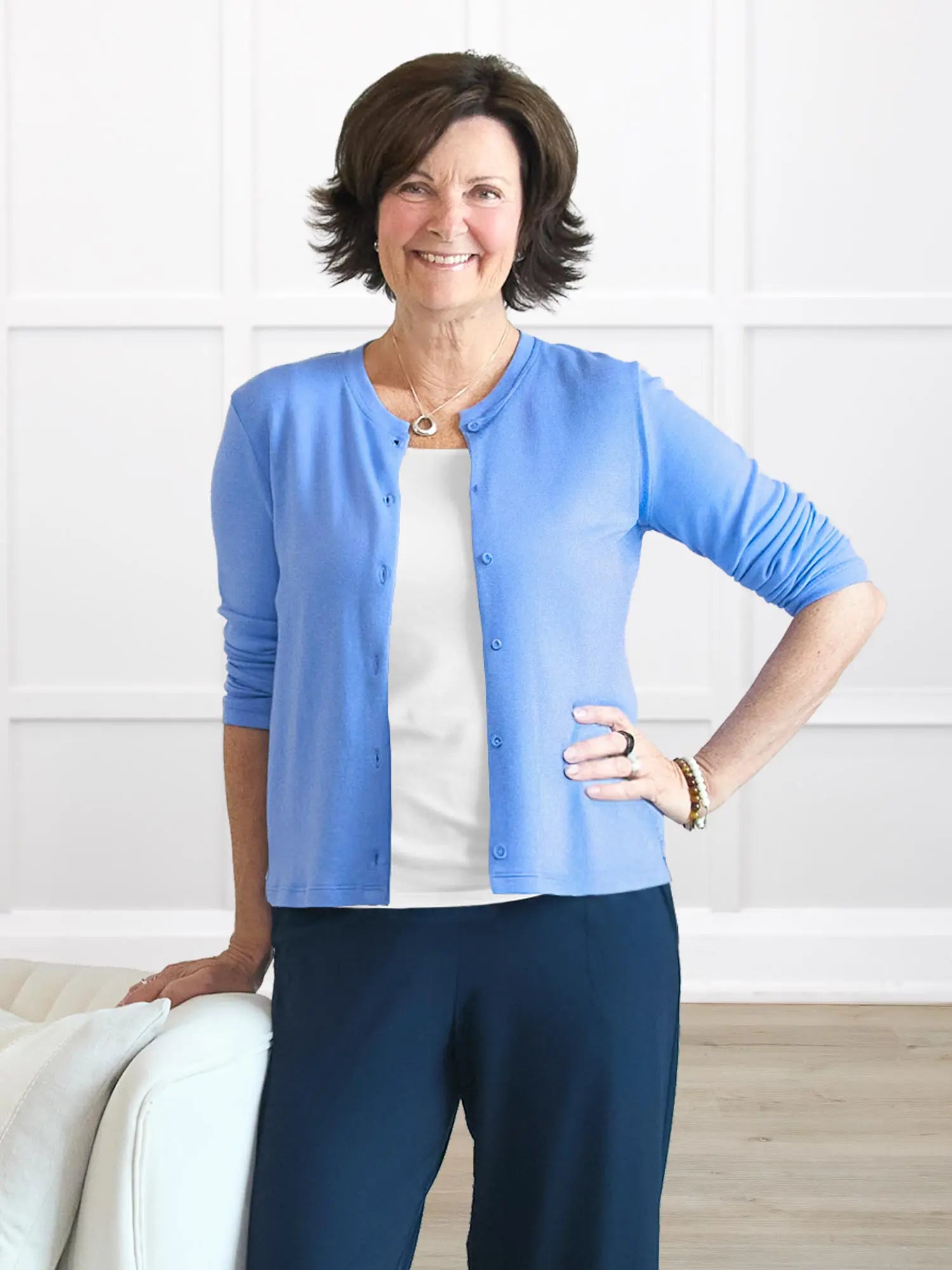 Maribel crewneck sweater knit cardigan 00 in Cornflower on model Donna, size S @Donna-S 