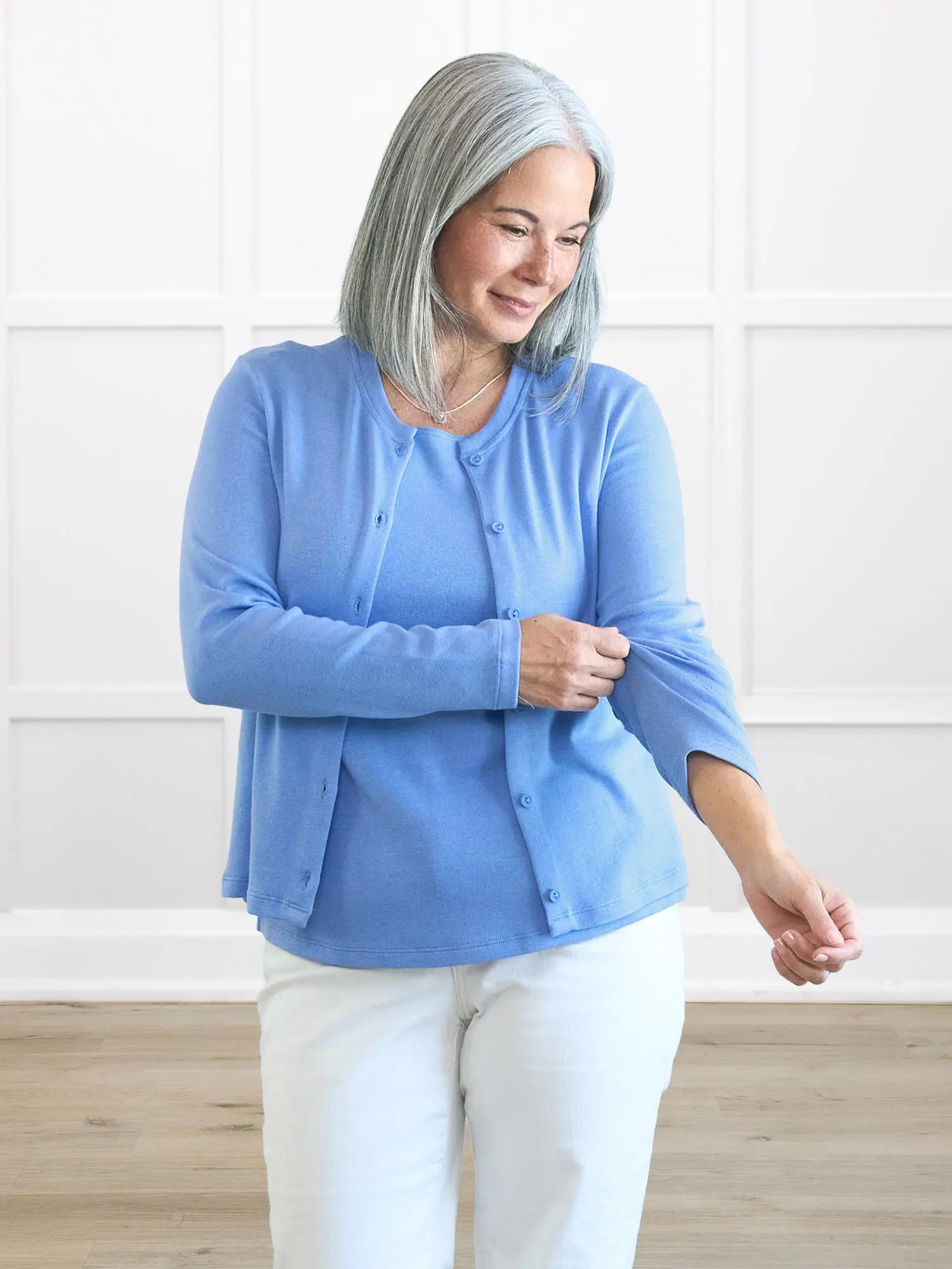 Maribel crewneck sweater knit cardigan 00 in Cornflower on model Kerri, size S @Kerri-S 