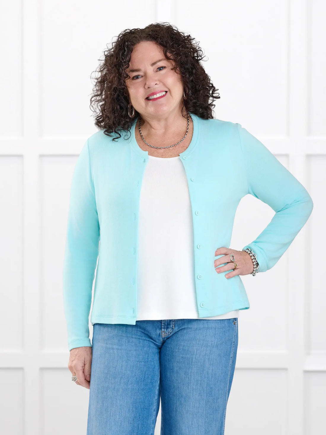 Maribel crewneck sweater knit cardigan in Fiji blue on model Kerri, size M @Kerri-M 