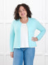 Maribel crewneck sweater knit cardigan in Fiji blue on model Kerri, size M @Kerri-M 