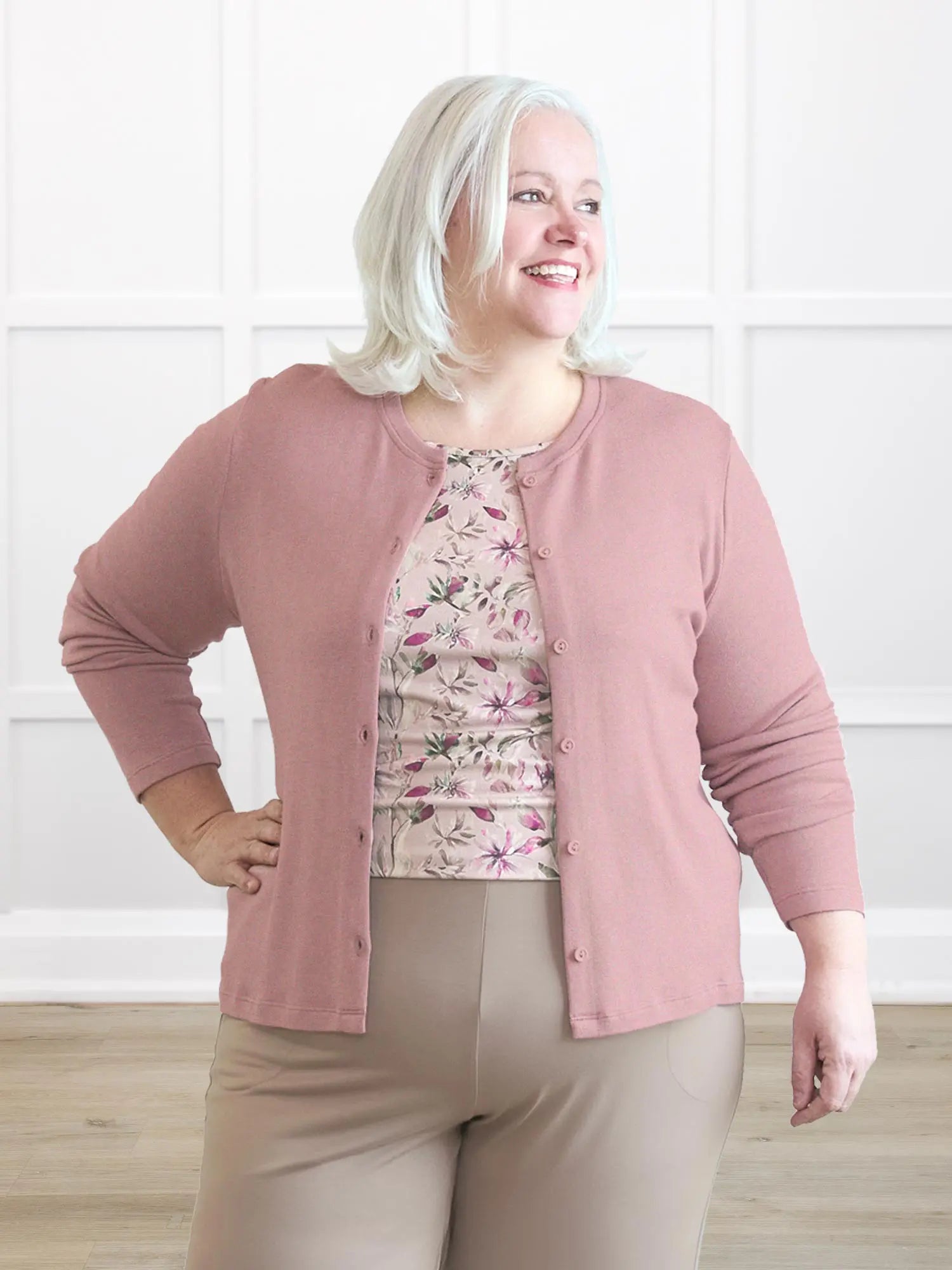 Maribel crewneck sweater knit cardigan 00 in Rose mauve on model Colleen, size XXL @Colleen-XXL 
