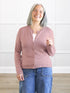 Maribel crewneck sweater knit cardigan 00 in Rose mauve on model Kerri, size S @Kerri-S 
