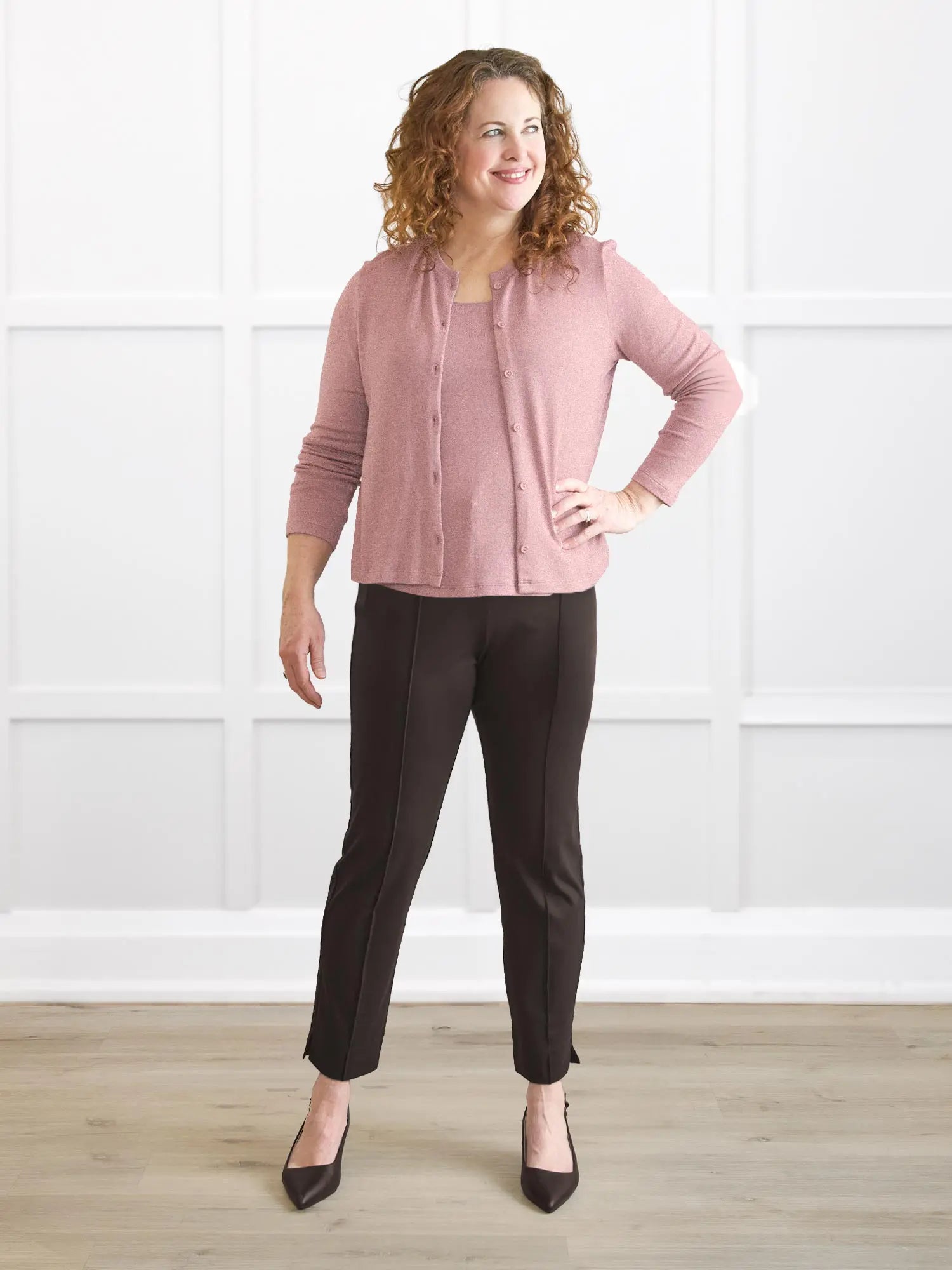 Maribel crewneck sweater knit cardigan 00 in Rose mauve on model Melanie, size M @Melanie-M 