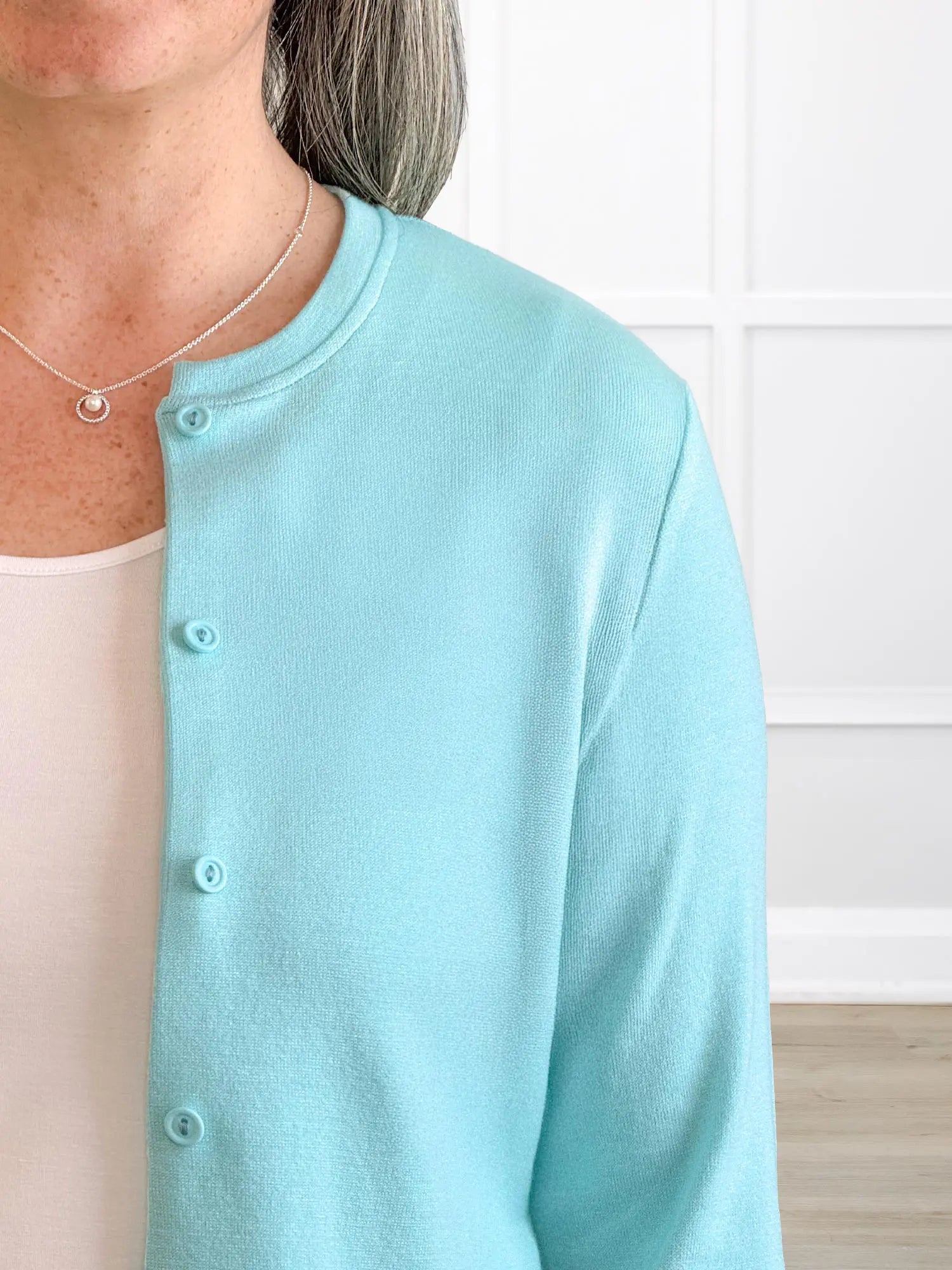 Maribel crewneck sweater knit cardigan in Fiji blue 