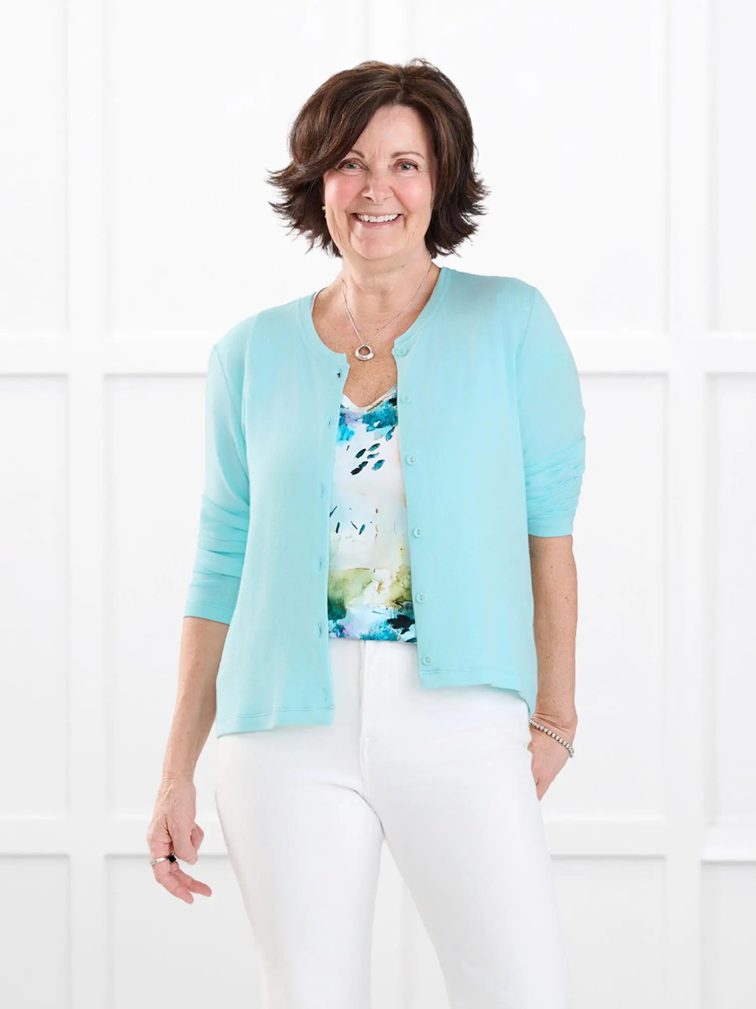 Maribel crewneck sweater knit cardigan in Fiji blue on model Donna, size S @Donna-S 