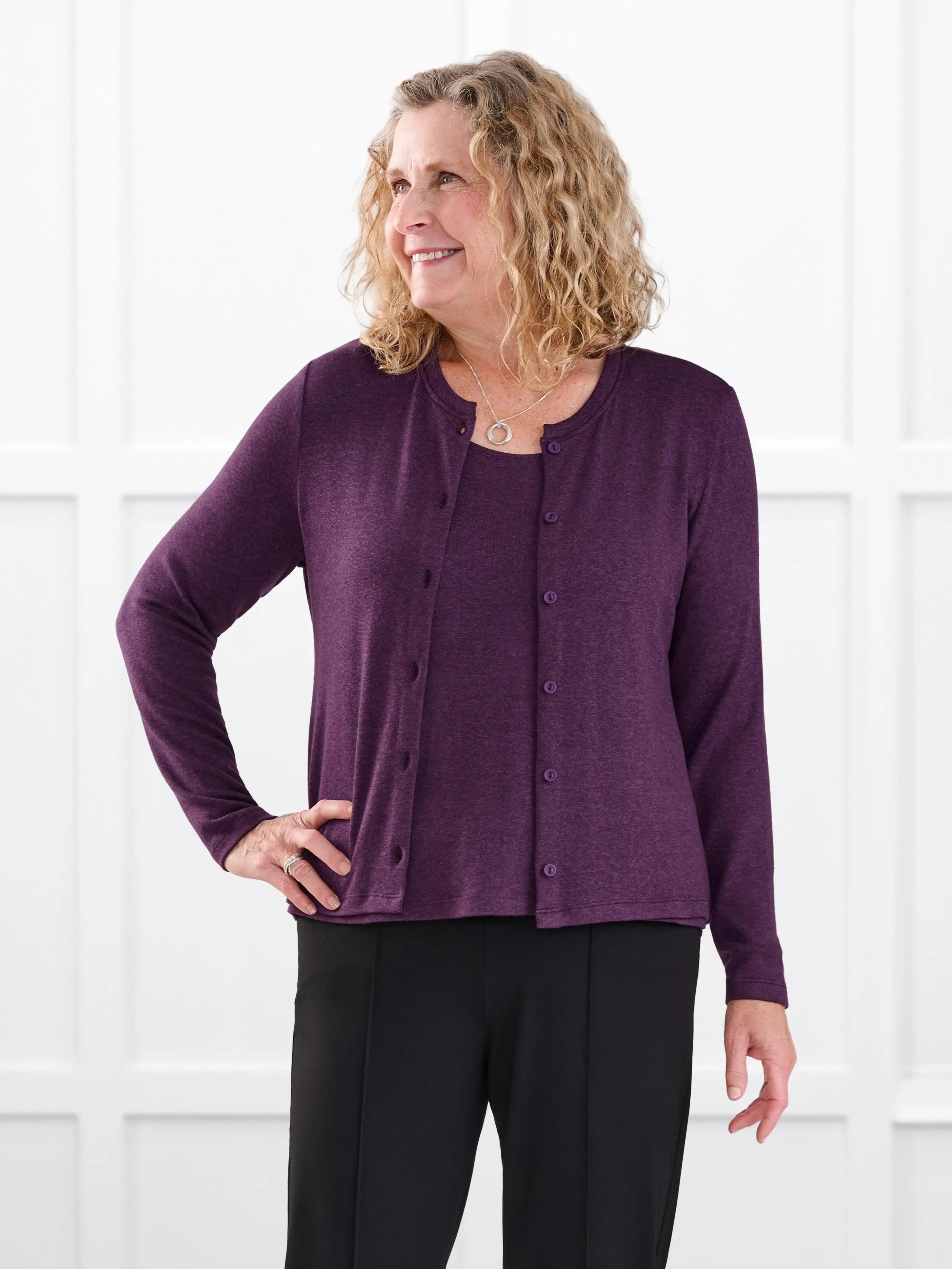 Maribel crewneck sweater knit cardigan for women in Blackcurrent on model Carolyn, size L @Carolyn-L 