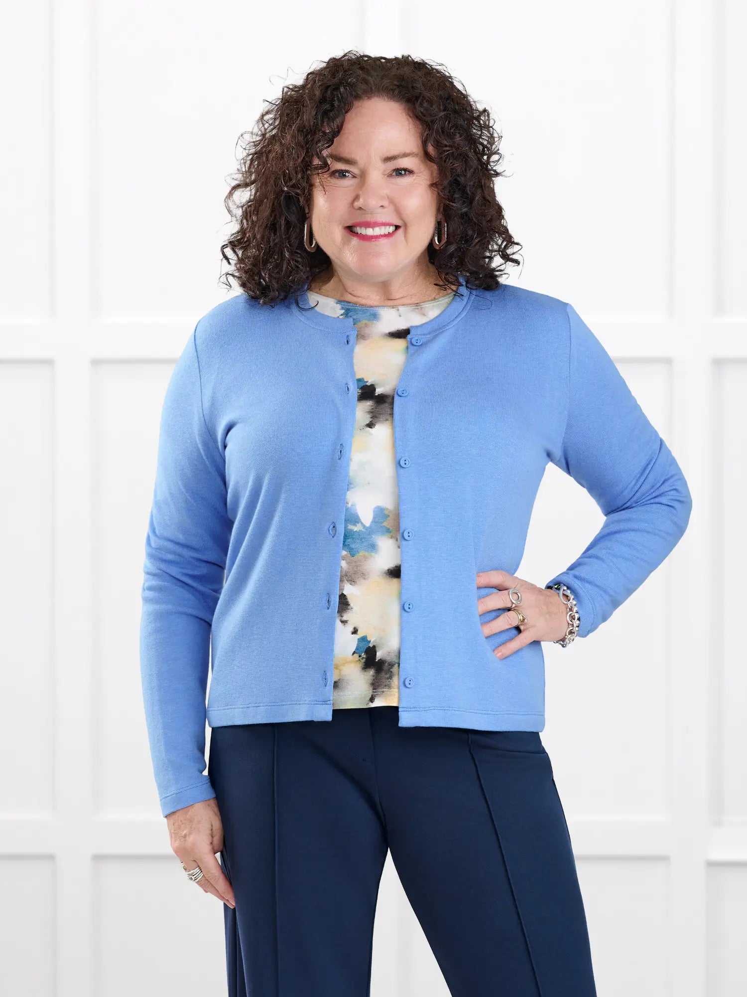 Maribel crewneck sweater knit cardigan for women in Cornflower on model Kerri, size M @Kerri-M 