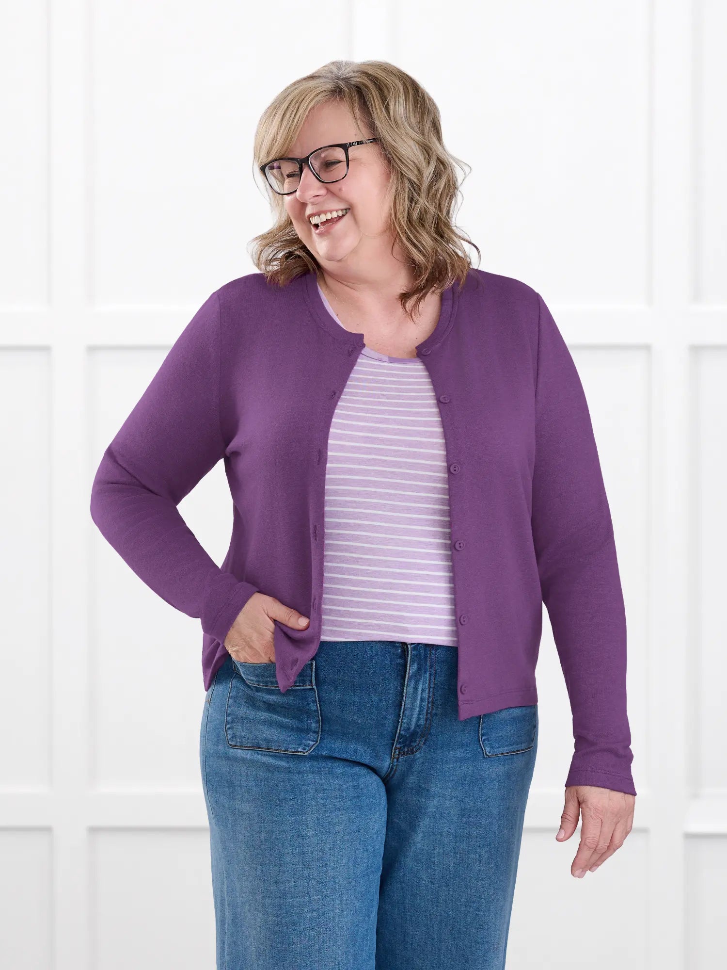 Maribel crewneck sweater knit cardigan for women in Lupin on model Deb, size XL @Deb-XL 