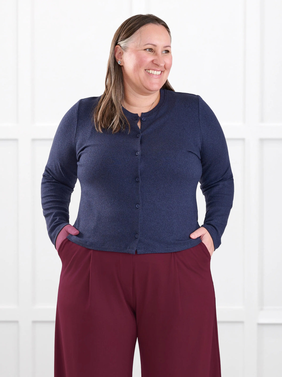 Maribel crewneck sweater knit cardigan for women in Midnight blue on model Cristina, size XXL @Cristina-XXL 