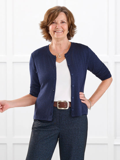 Maribel crewneck sweater knit cardigan for women in Midnight blue on model Donna, size S @Donna-S 