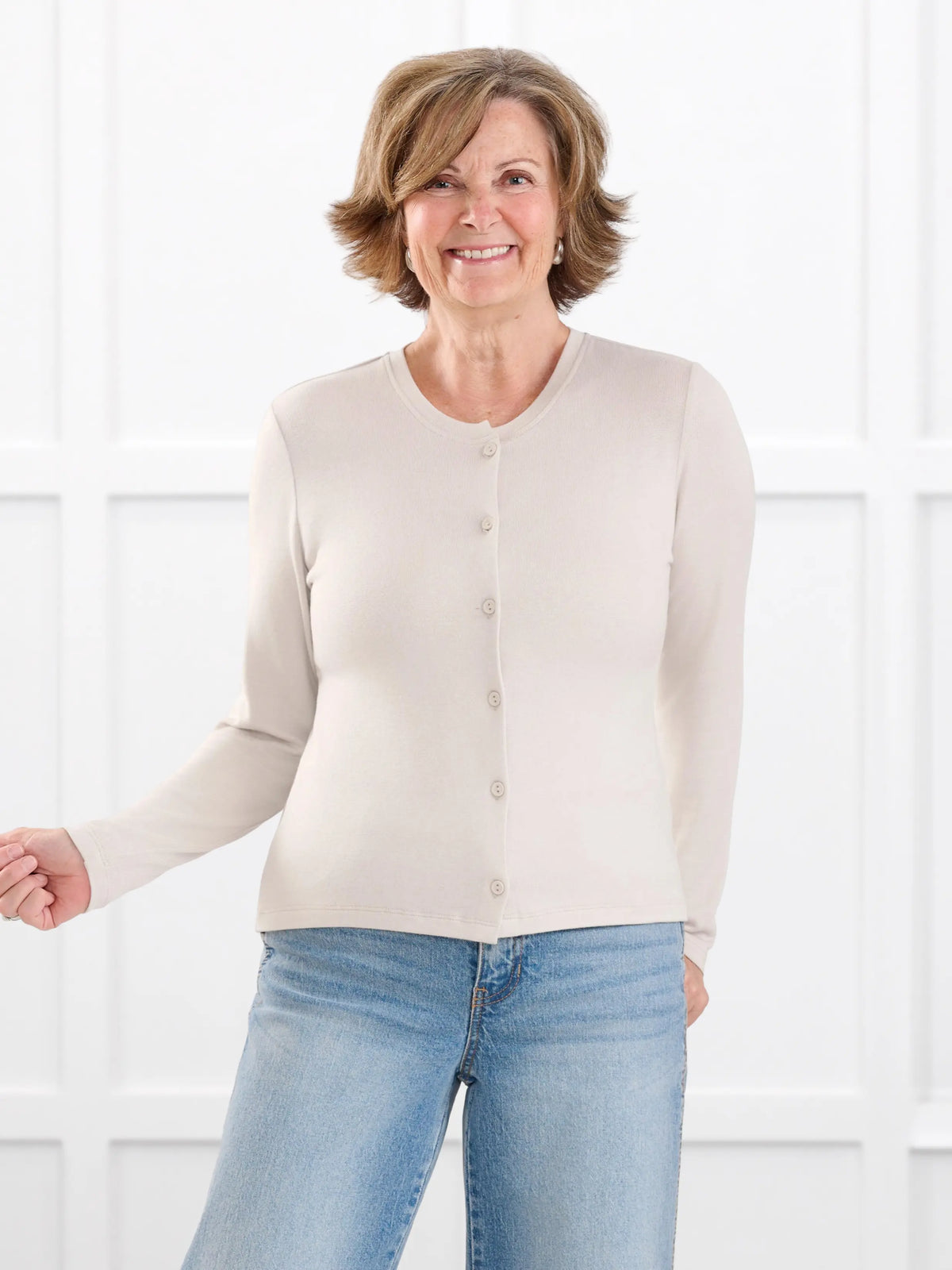 Maribel crewneck sweater knit cardigan for women in Seashell on model Donna, size S @Donna-S 