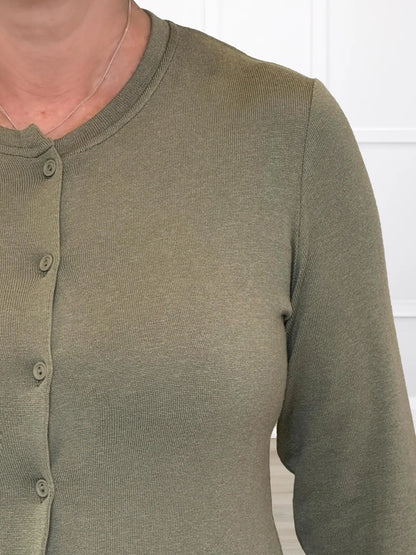 Maribel crewneck sweater knit cardigan for women in Thyme 
