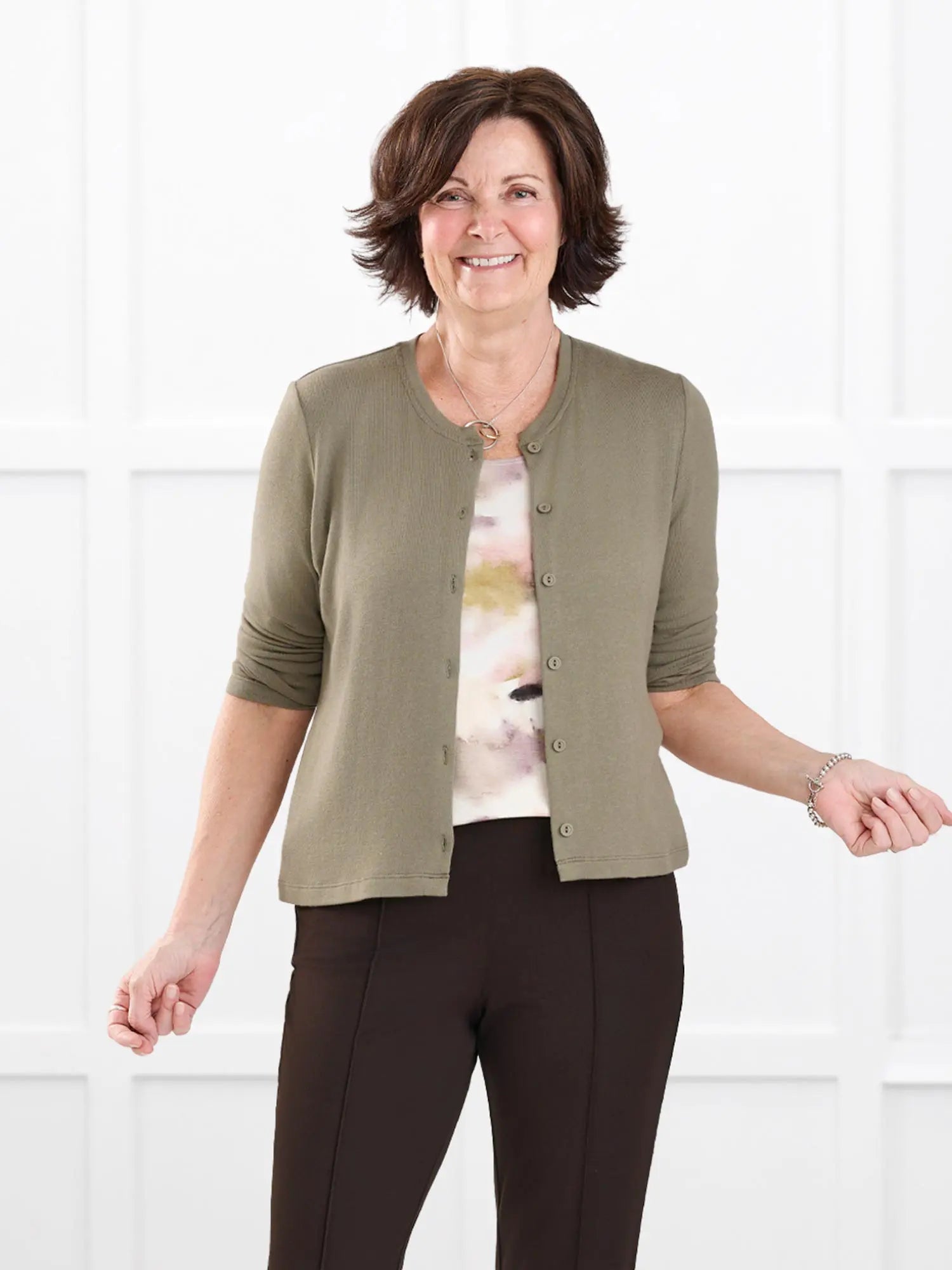 Maribel crewneck sweater knit cardigan for women in Thyme on model Donna, size S @Donna-S 