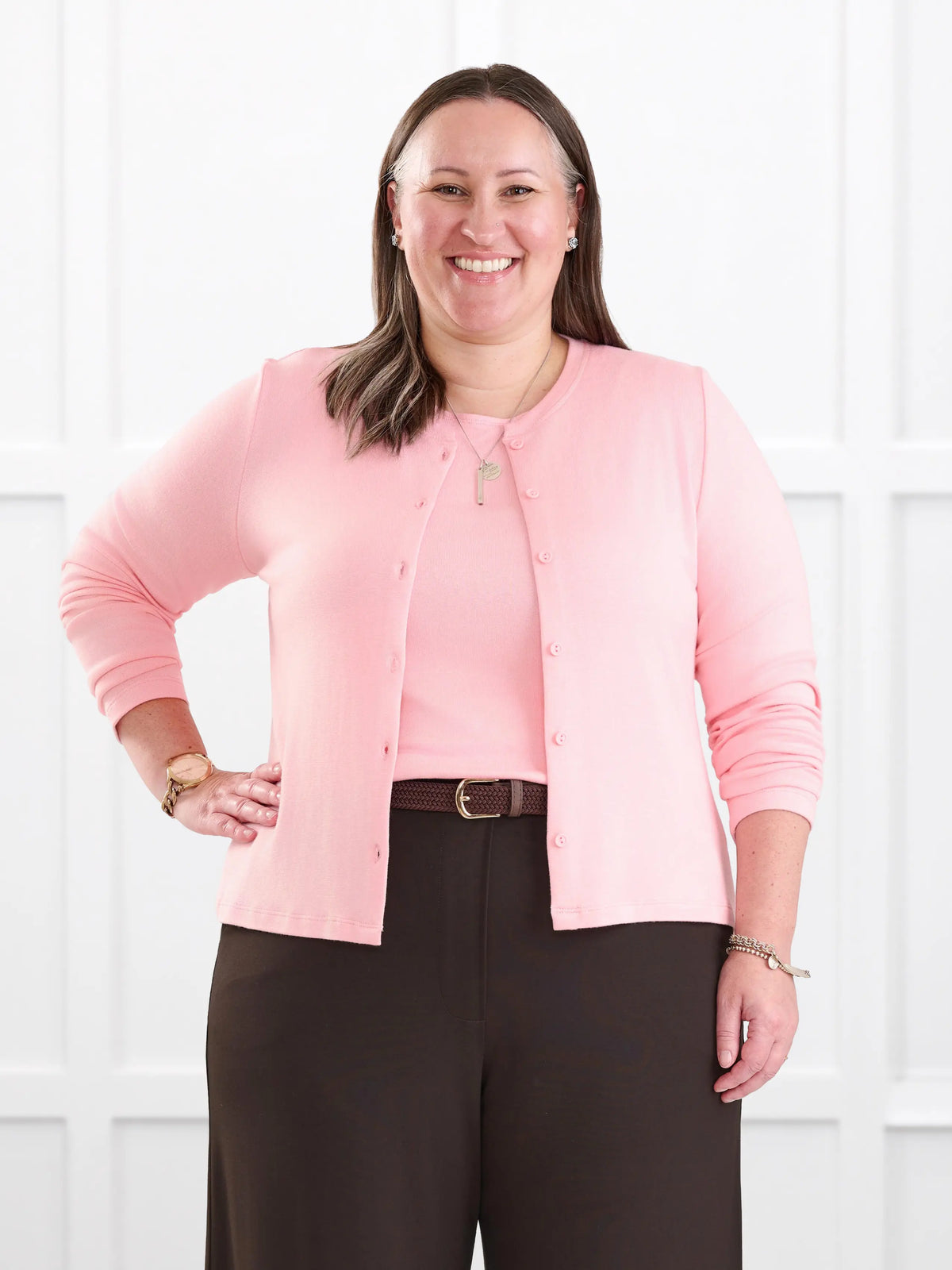 Maribel crewneck sweater knit cardigan for women in Whisper pink on model Cristina, size XXL @Cristina-XXL 