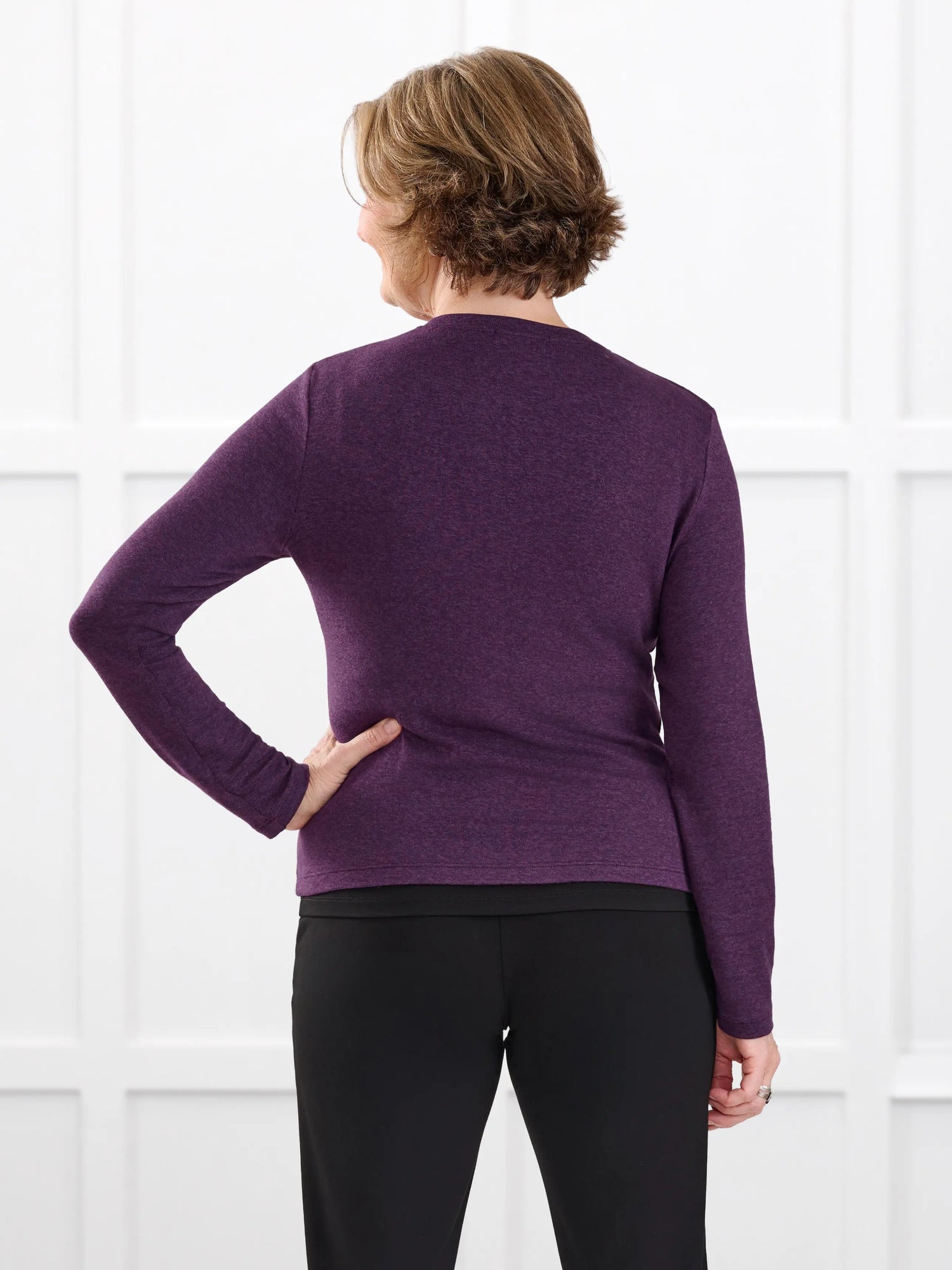 Maribel crewneck sweater knit cardigan for women in Blackcurrent on model Donna, size S @Donna-S 