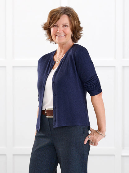 Maribel crewneck sweater knit cardigan for women in Midnight blue on model Donna, size S @Donna-S 