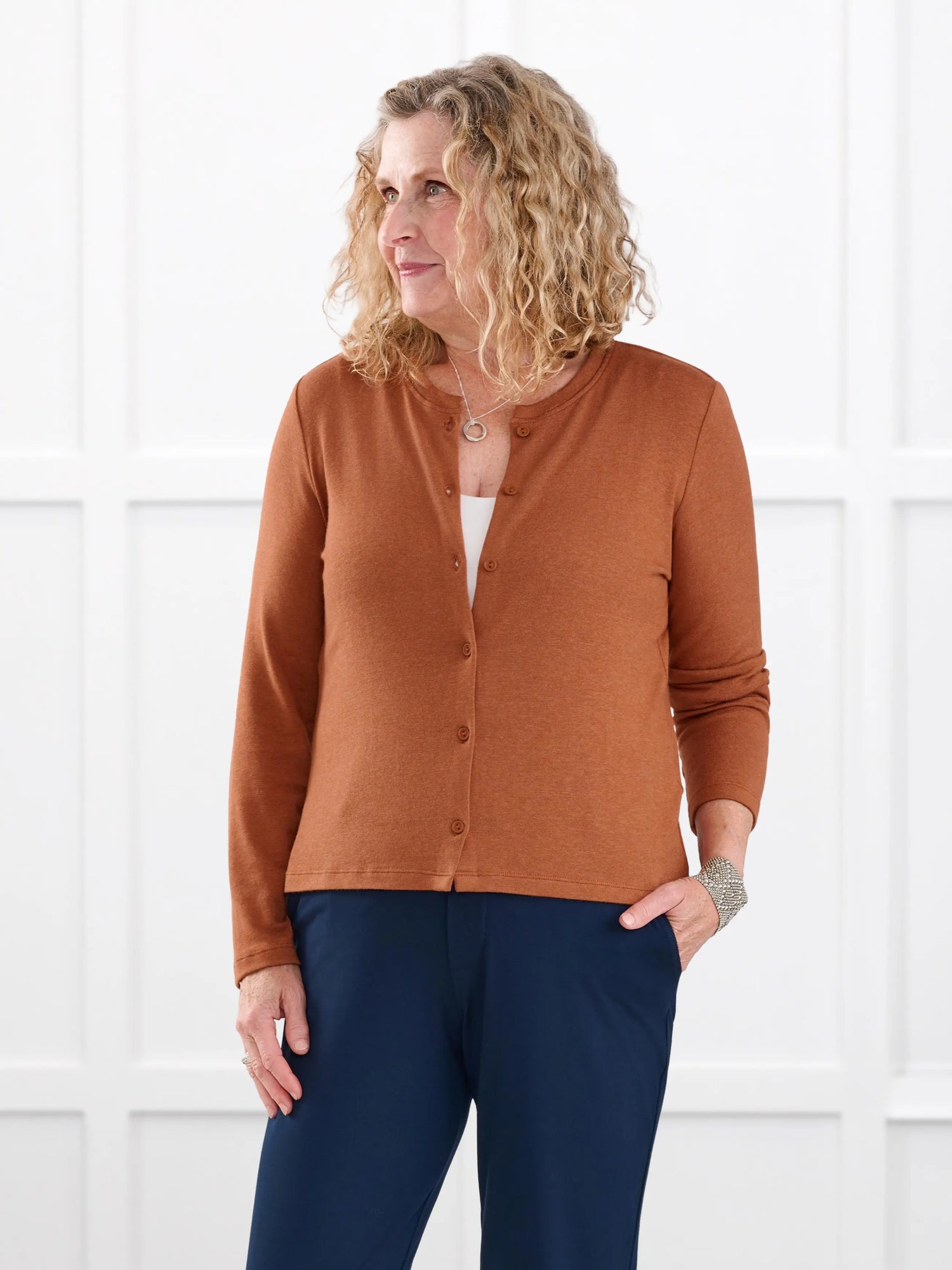Maribel crewneck sweater knit cardigan for women in Rust on model Carolyn, size L @Carolyn-L 