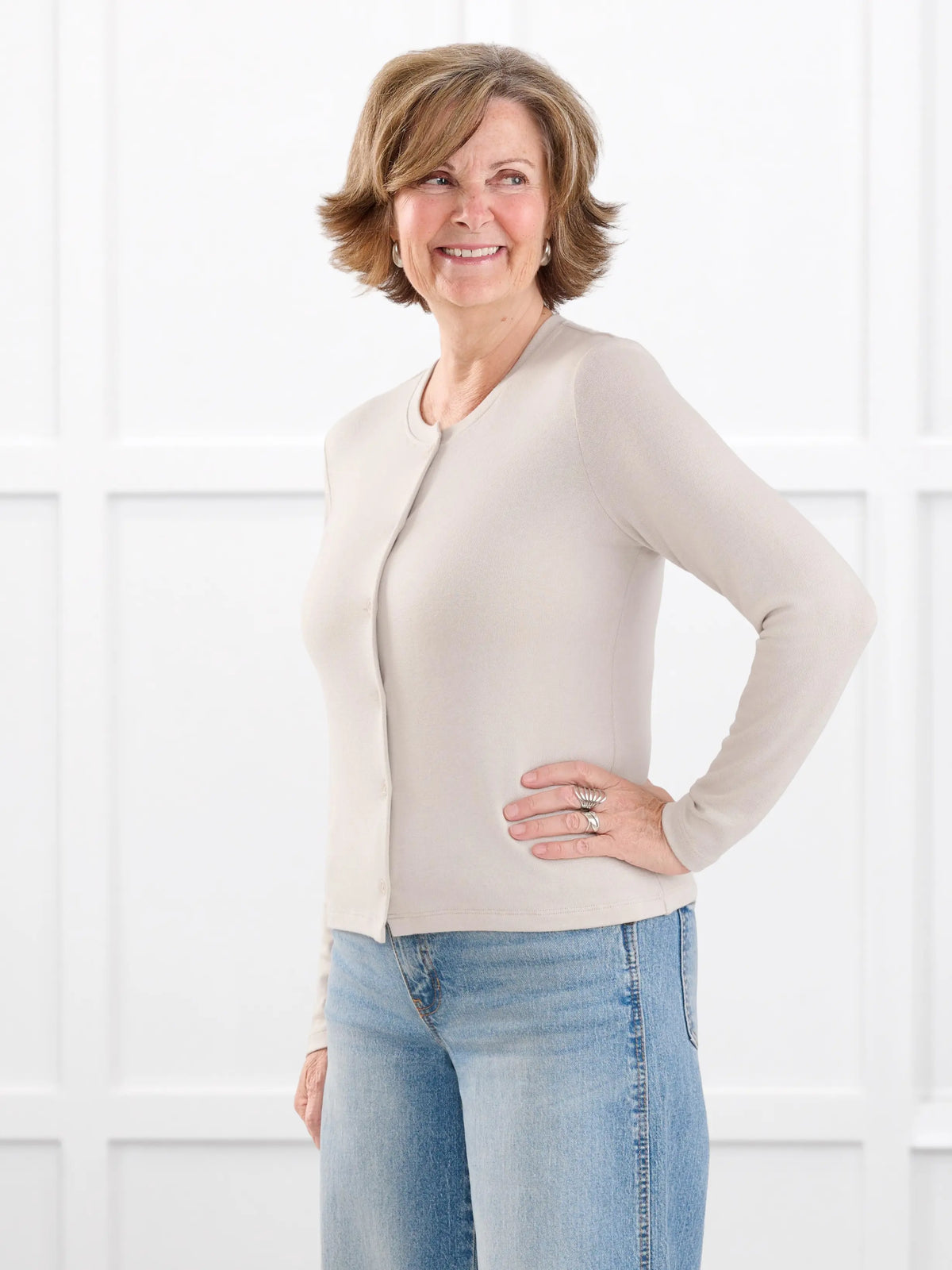 Maribel crewneck sweater knit cardigan for women in Seashell on model Donna, size S @Donna-S 