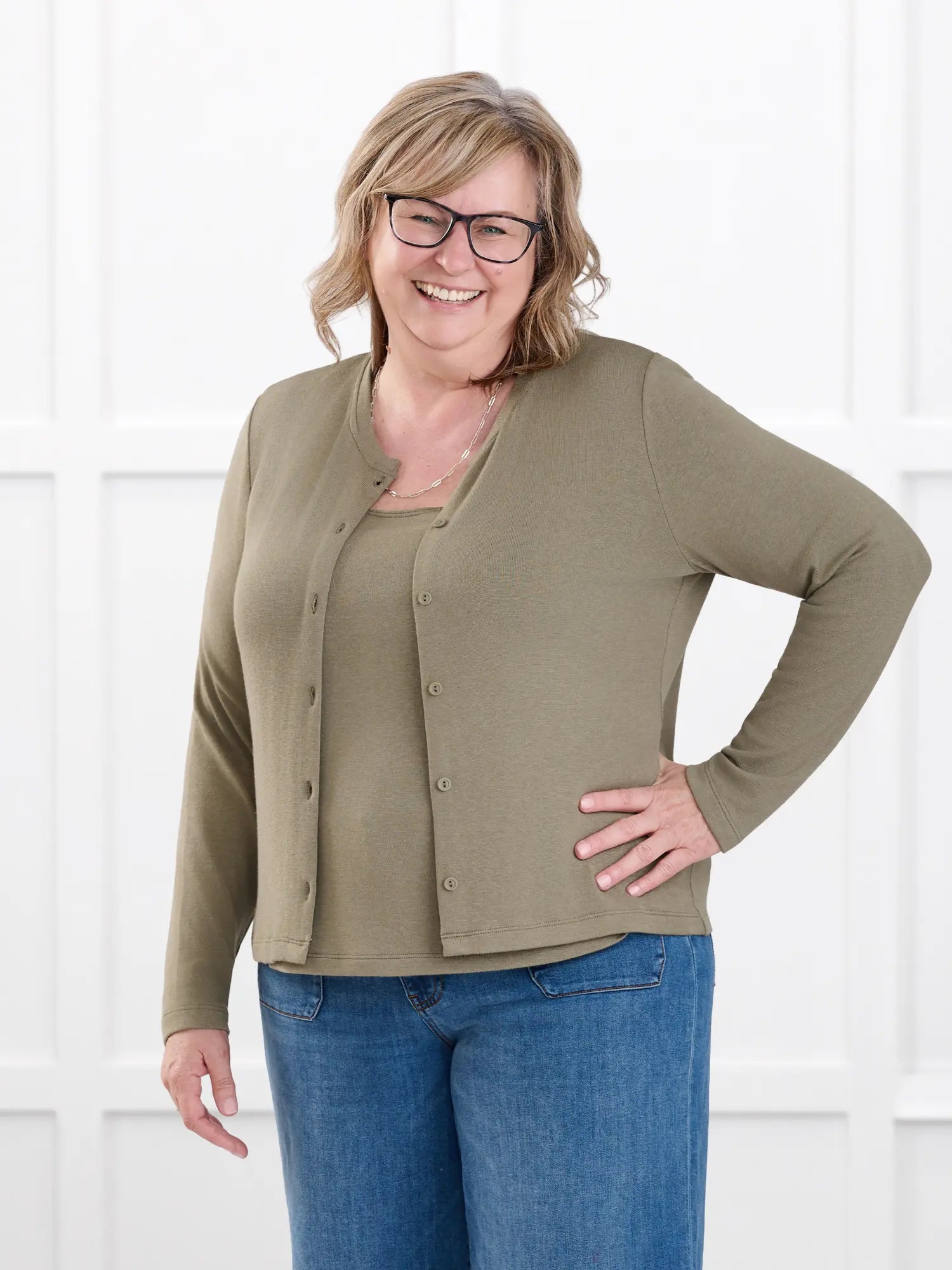 Maribel crewneck sweater knit cardigan for women in Thyme on model Deb, size XL @Deb-XL 