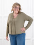 Maribel crewneck sweater knit cardigan for women in Thyme on model Deb, size XL @Deb-XL 