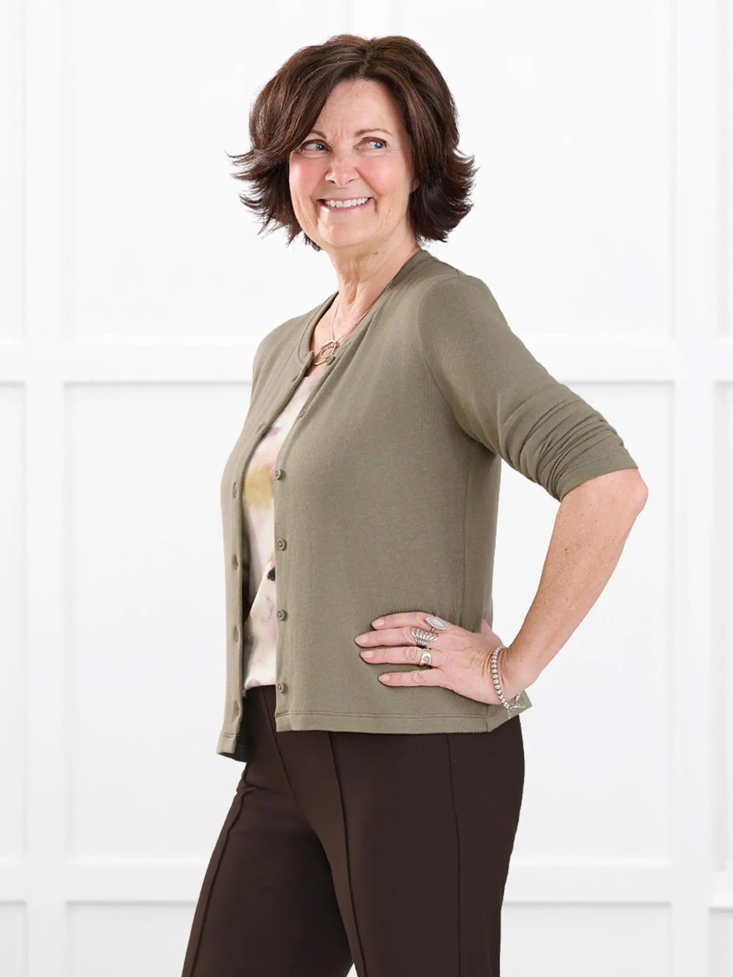 Maribel crewneck sweater knit cardigan for women in Thyme on model Donna, size S @Donna-S 