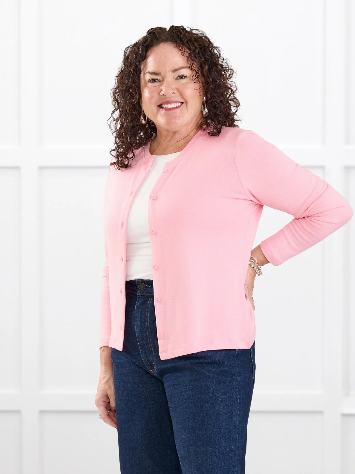 Maribel crewneck sweater knit cardigan for women in Whisper pink on model Kerri, size M @Kerri-M 