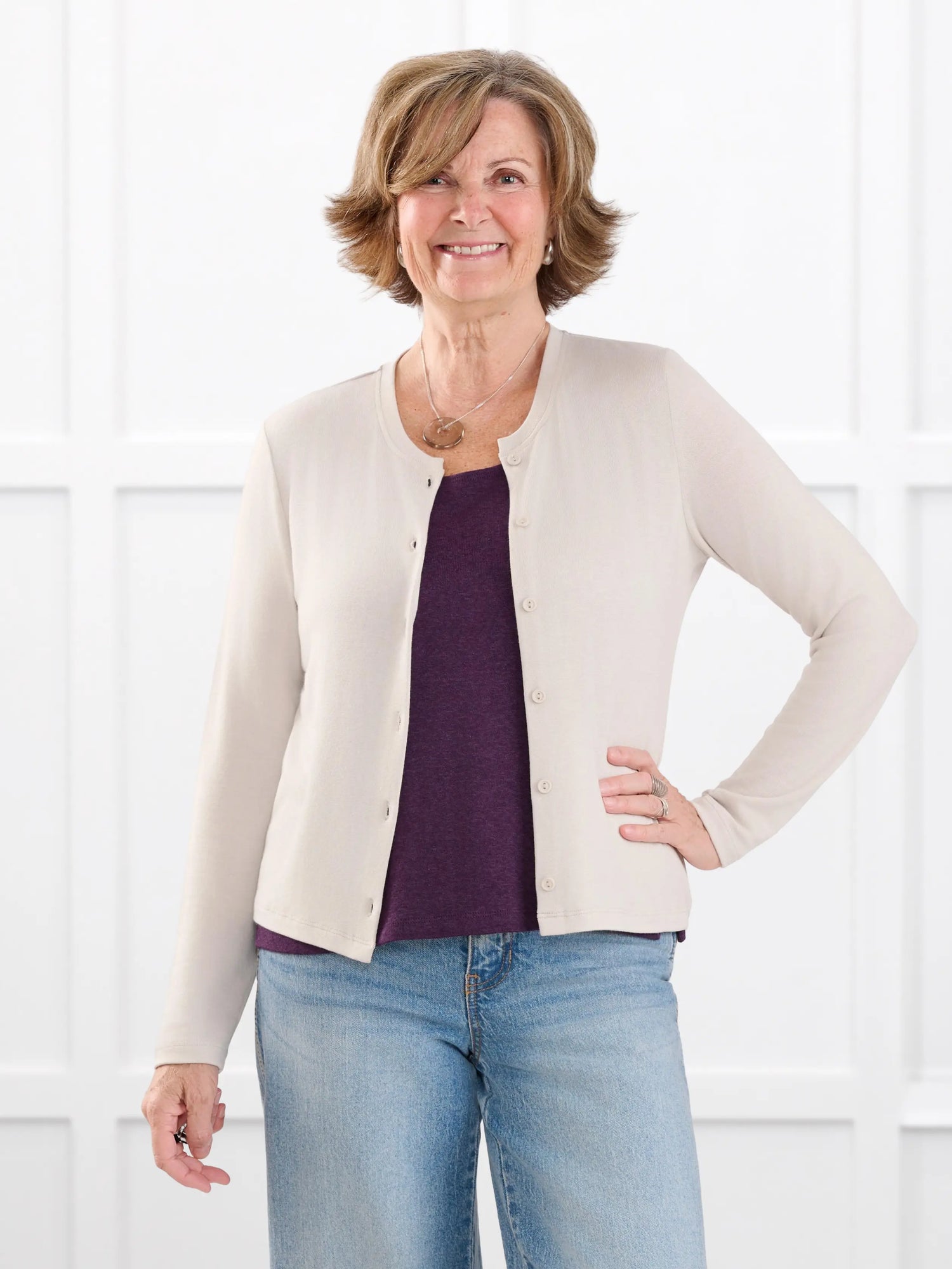 Maribel crewneck sweater knit cardigan for women in Seashell on model Donna, size S @Donna-S 