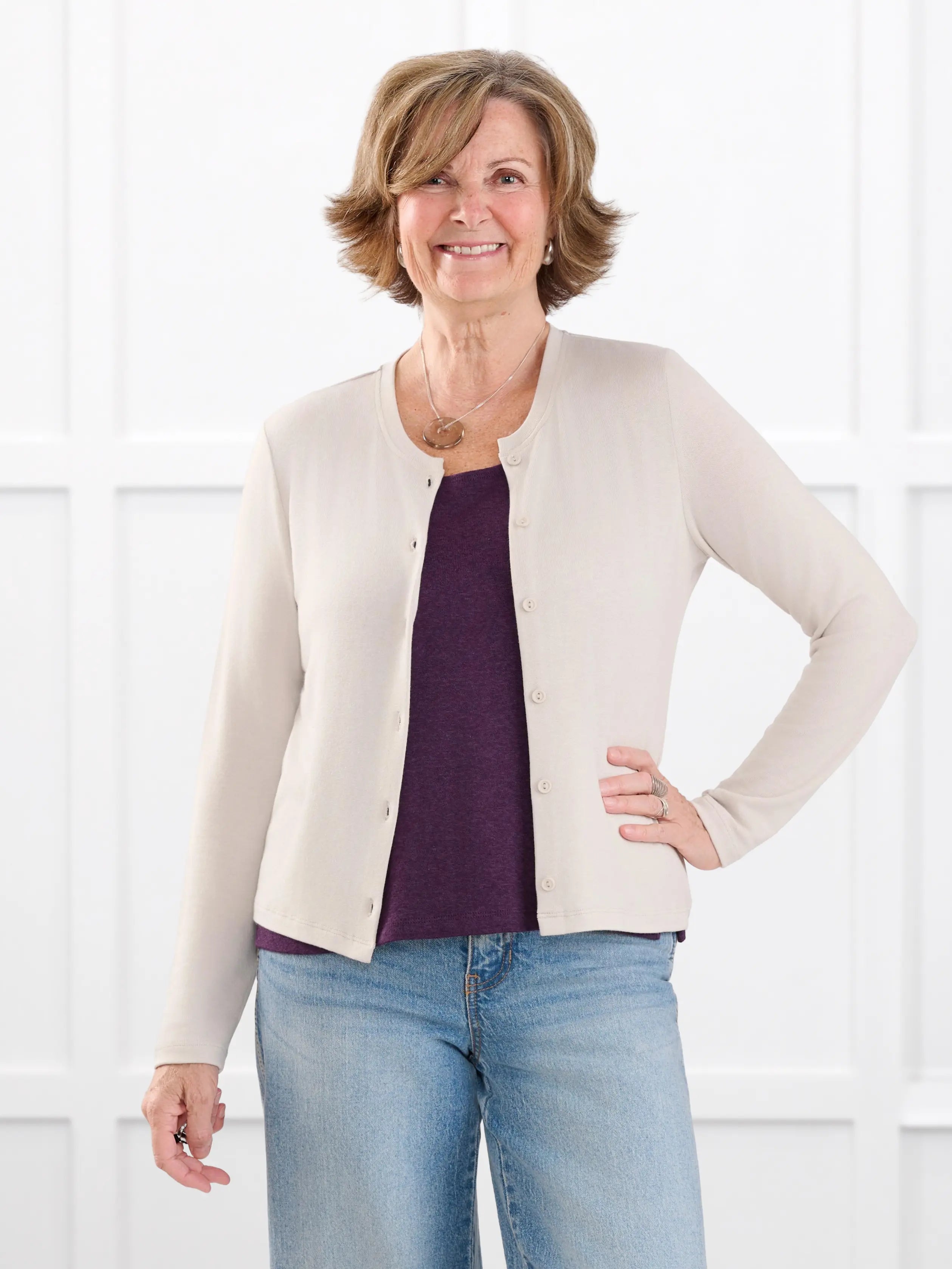 Maribel crewneck sweater knit cardigan for women in Seashell on model Donna, size S @Donna-S 