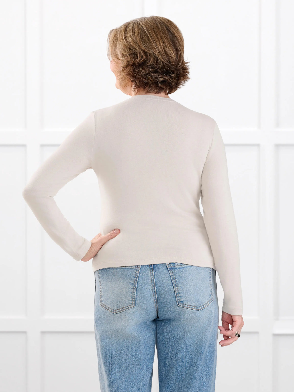 Maribel crewneck sweater knit cardigan for women in Seashell on model Donna, size S @Donna-S 