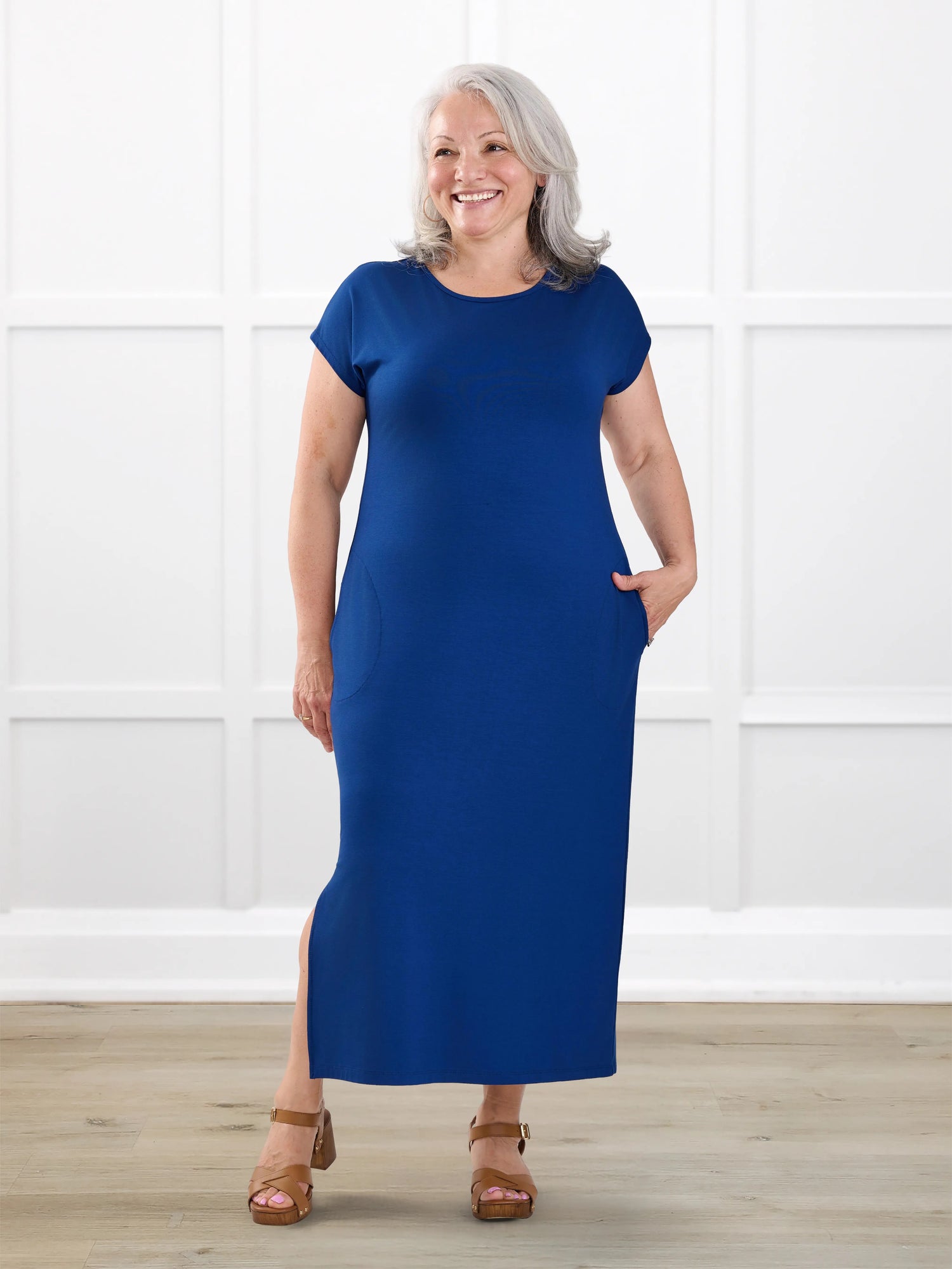 Marilla t shirt midi pocket dress for women in Ink blue on model Rula, size L @Rula-L 