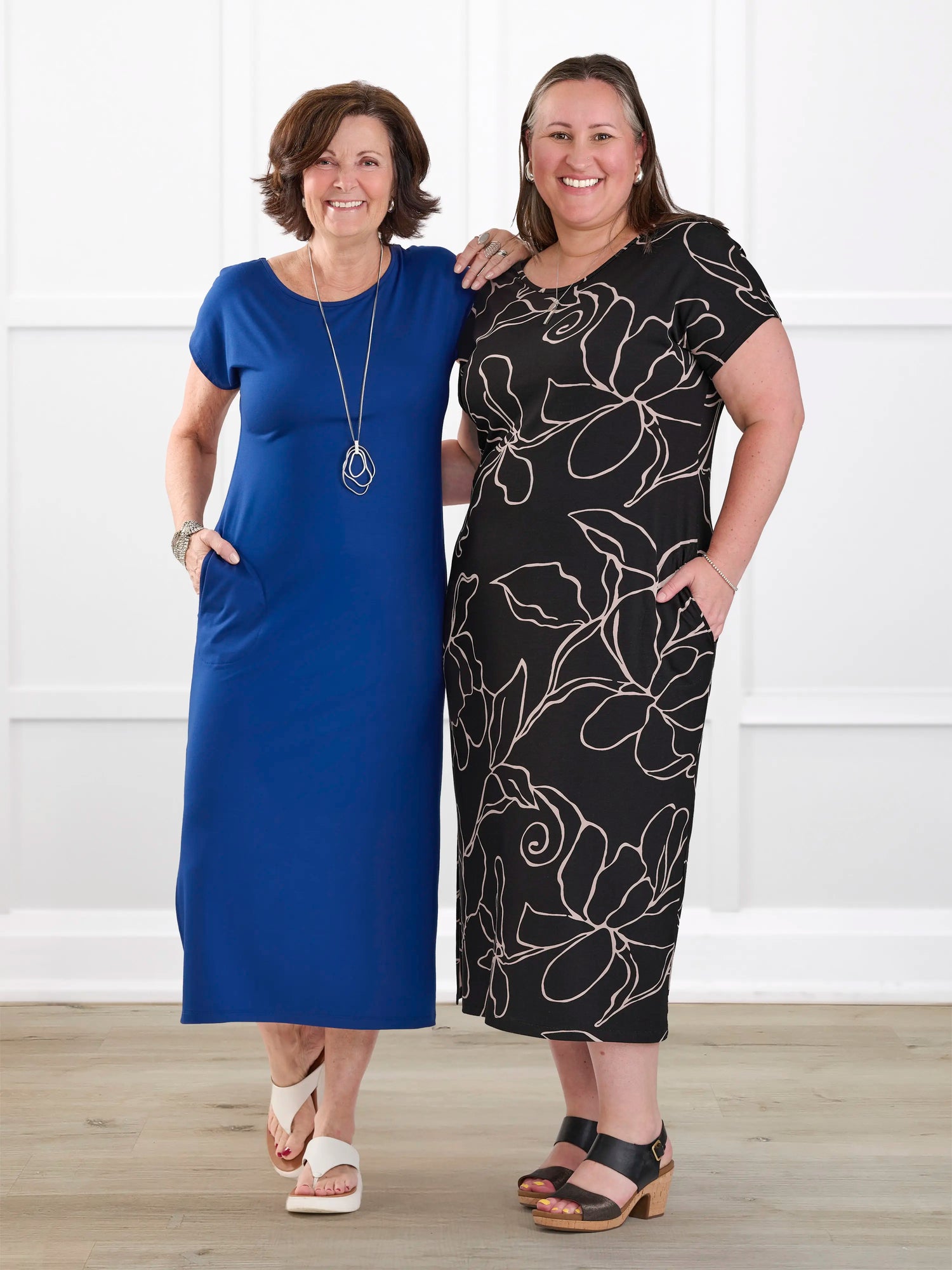 Marilla t shirt midi pocket dress for women in Marine blue on Donna, size small, and in contour floral print on Cristina, size XXL