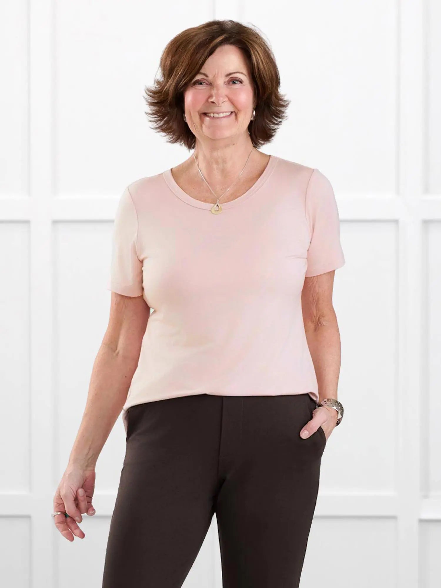 Marissa half sleeve crewneck tee for women in Ballet pink on model Donna, size S Regular @Donna-S-regular 