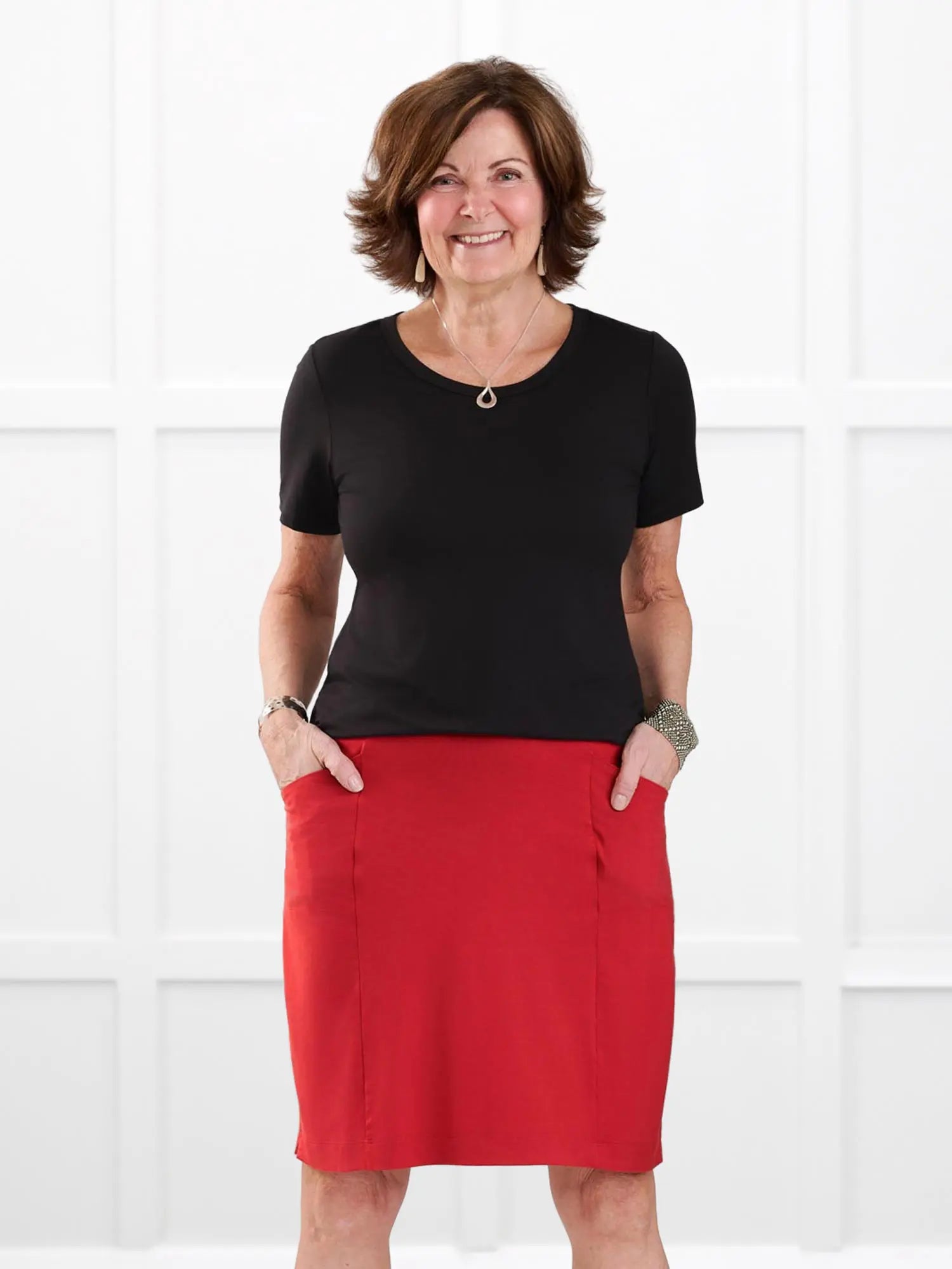 Marissa half sleeve crewneck tee for women in Black on model Donna, size S Regular @Donna-S-regular 