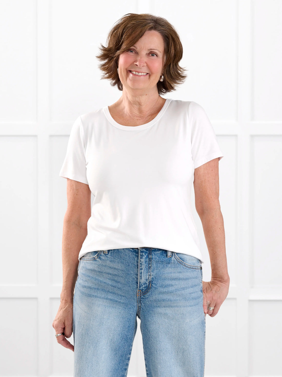 Marissa half sleeve crewneck tee for women in White on model Donna, size S Regular @Donna-S-regular 
