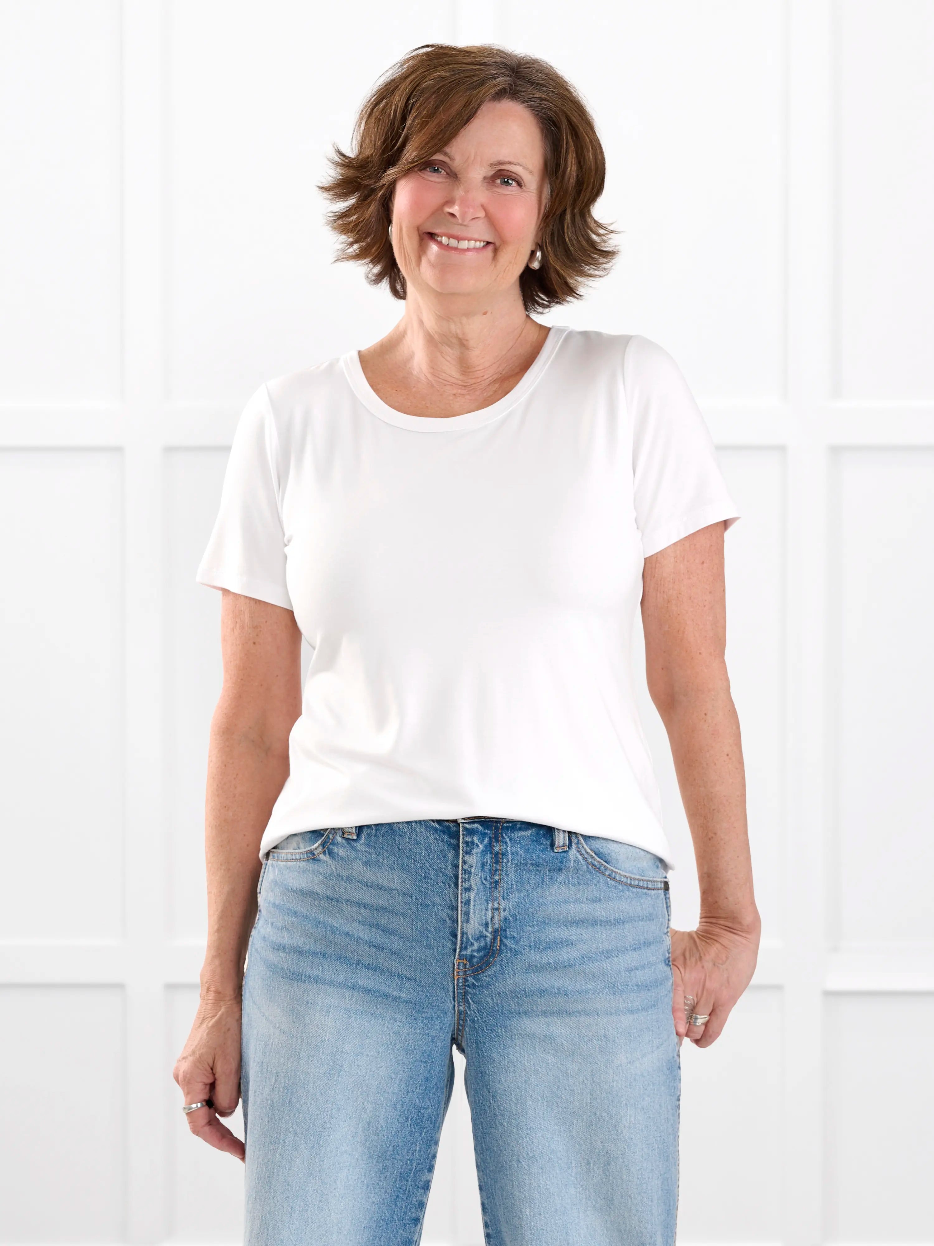 Marissa half sleeve crewneck tee for women in White on model Donna, size S Regular @Donna-S-regular 