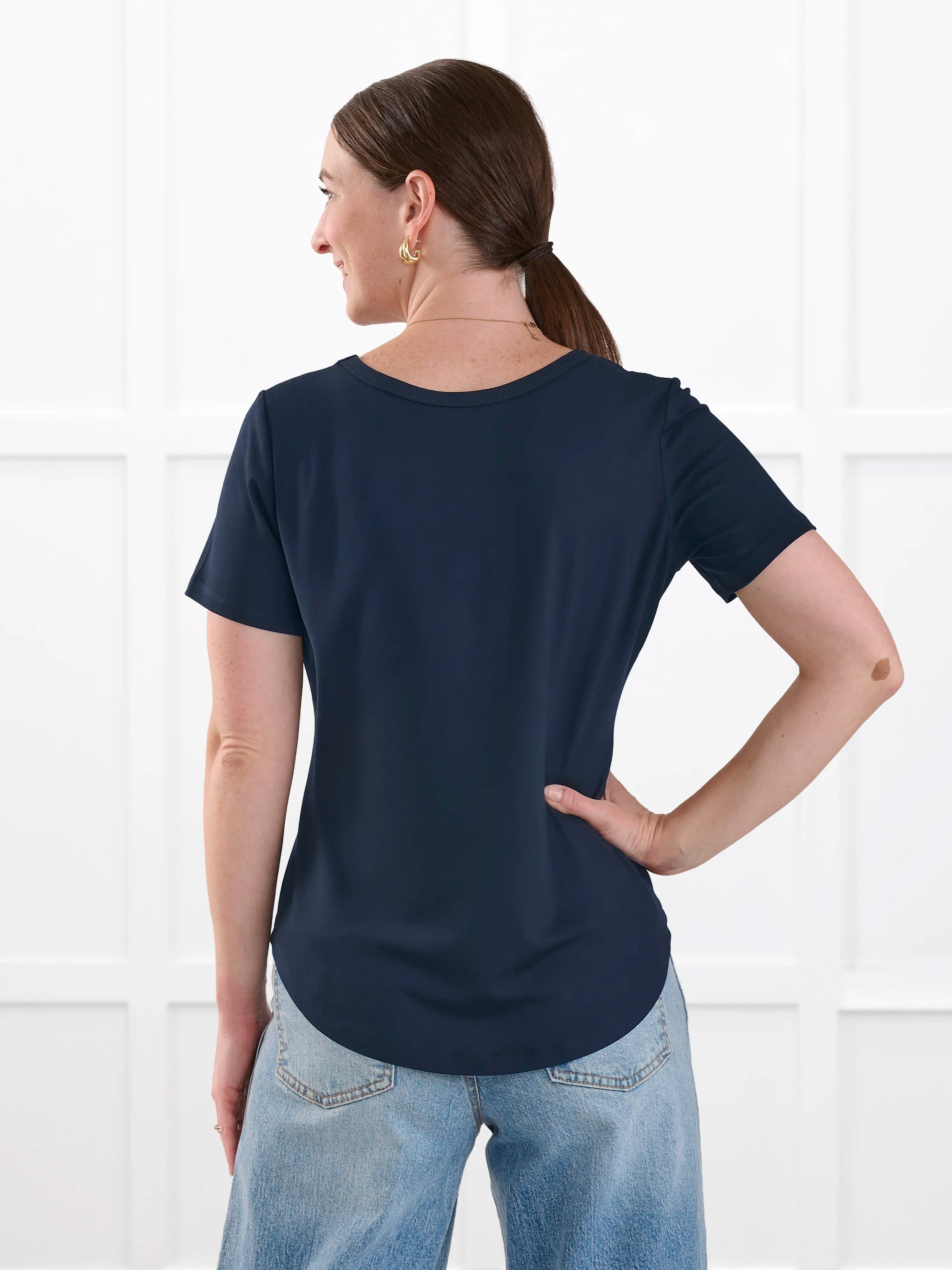 Marissa half sleeve crewneck tee for women in Navy on model Jo, size XS Regular @Jo-XS-regular 