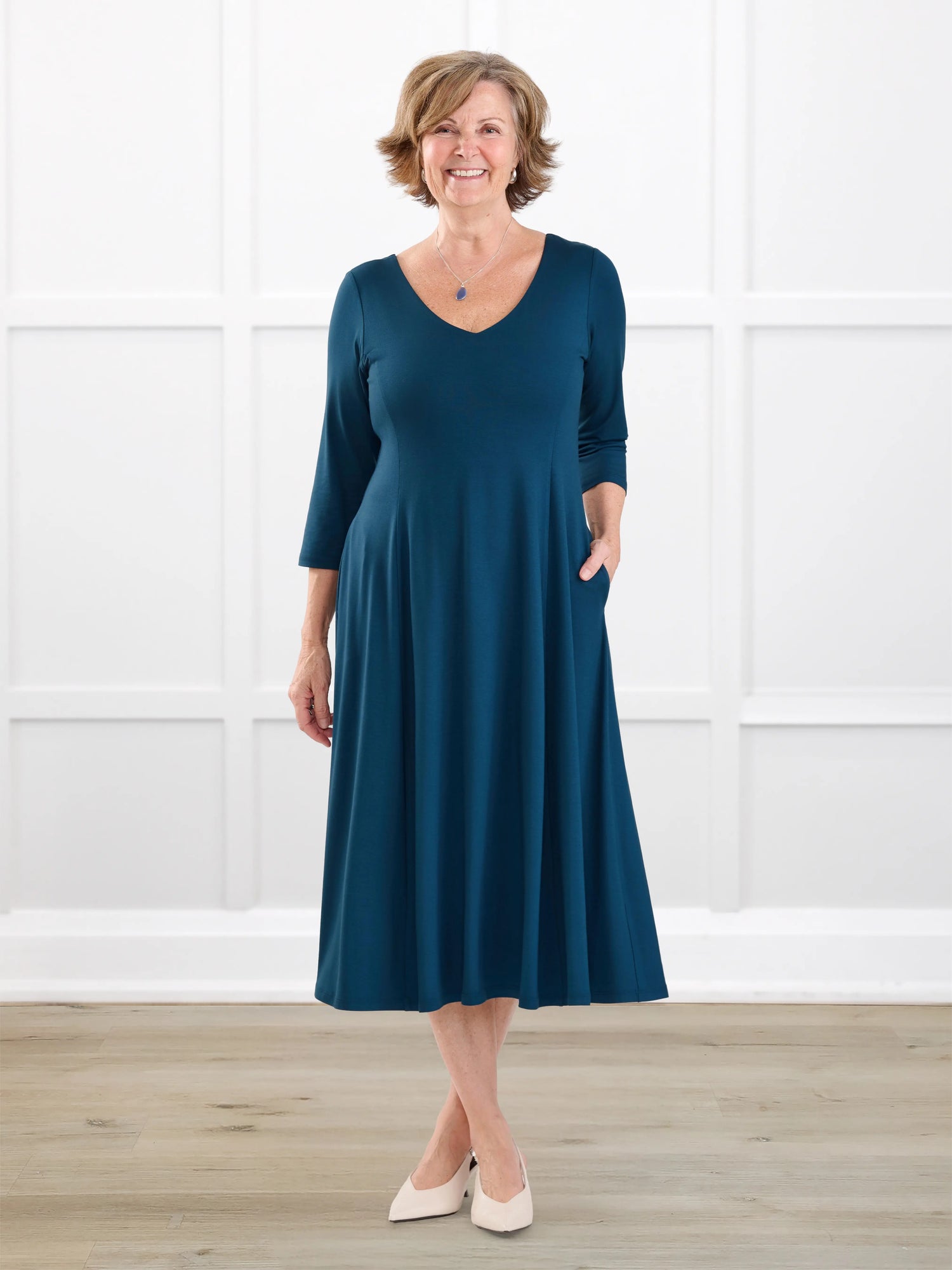 Marlena reversible v neck midi dress for women in Atlantic on model Donna, size S @Donna-S 