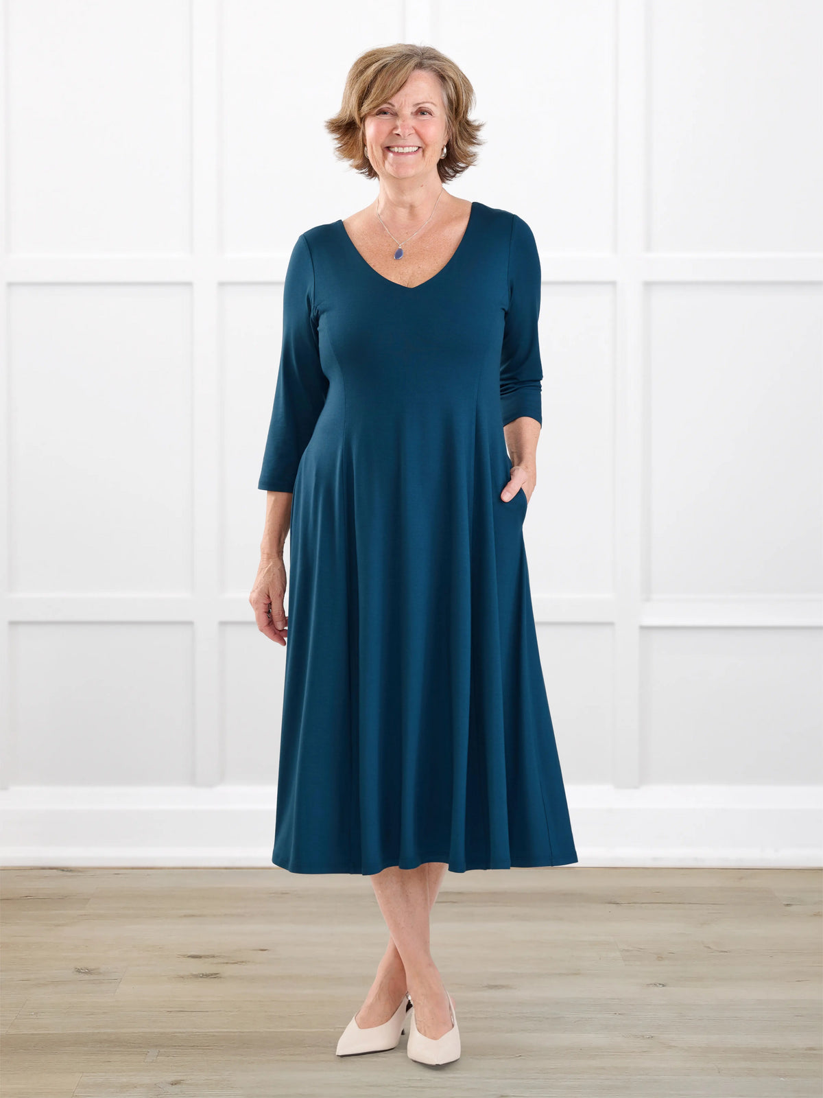 Marlena reversible v neck midi dress for women in Atlantic on model Donna, size S @Donna-S 