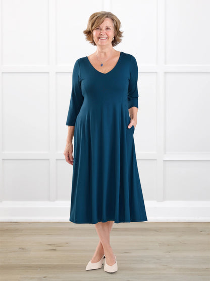 Marlena reversible v neck midi dress for women in Atlantic on model Donna, size S @Donna-S 