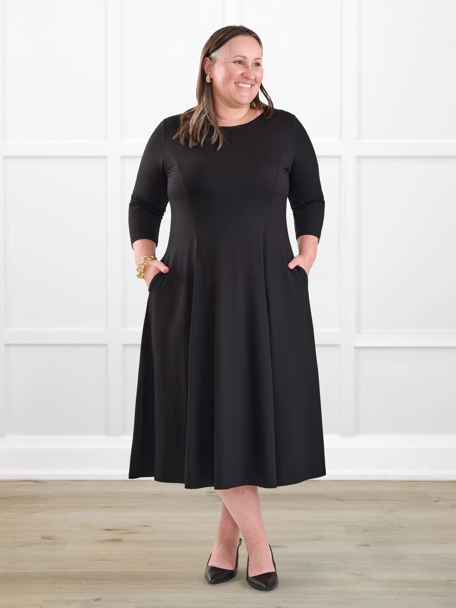 Marlena reversible v neck midi dress for women in Black on model Cristina, size XXL @Cristina-XXL 